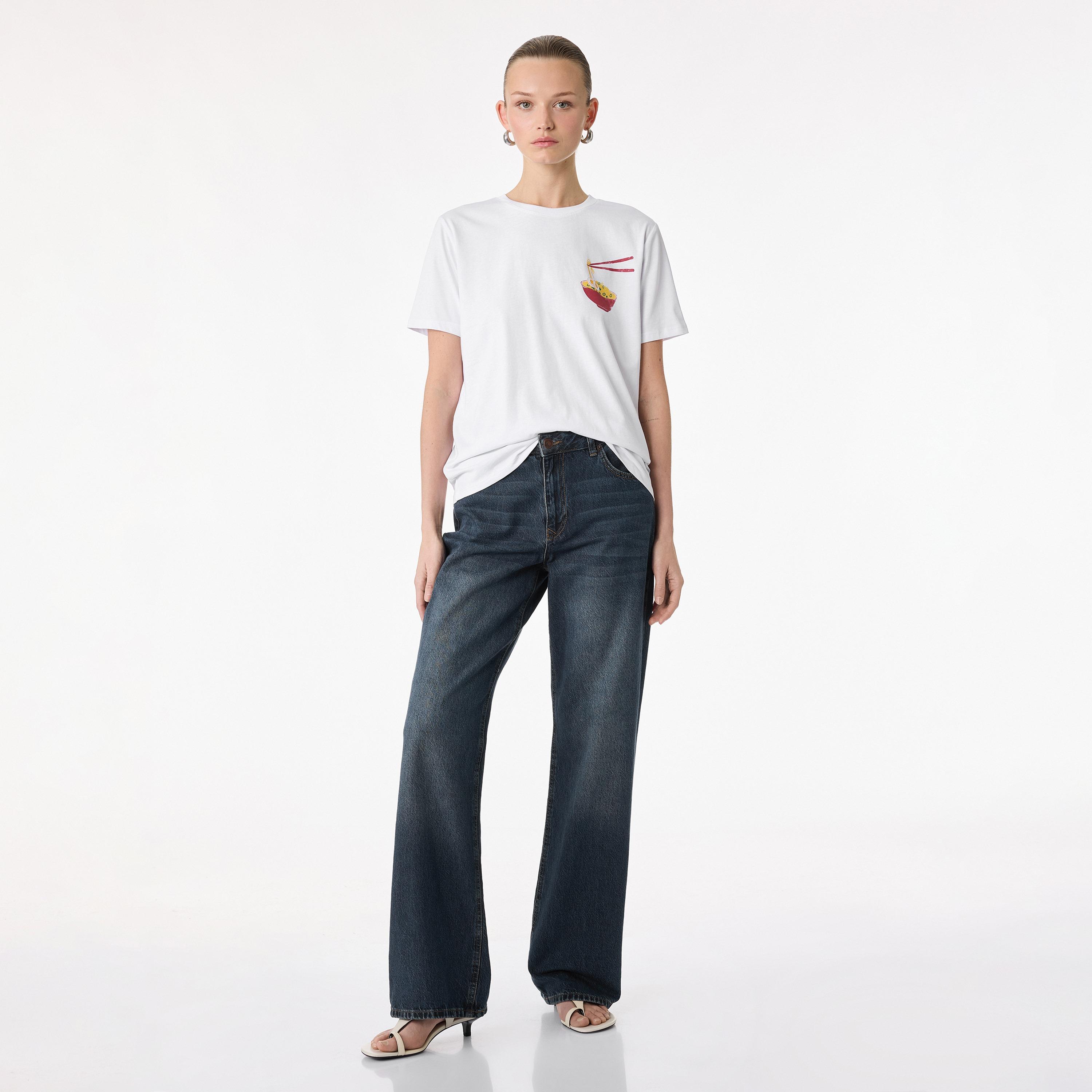 KOTON White Graphic Ramen Print Cotton Women's T-Shirt-women-clothing-tshirts-image-2