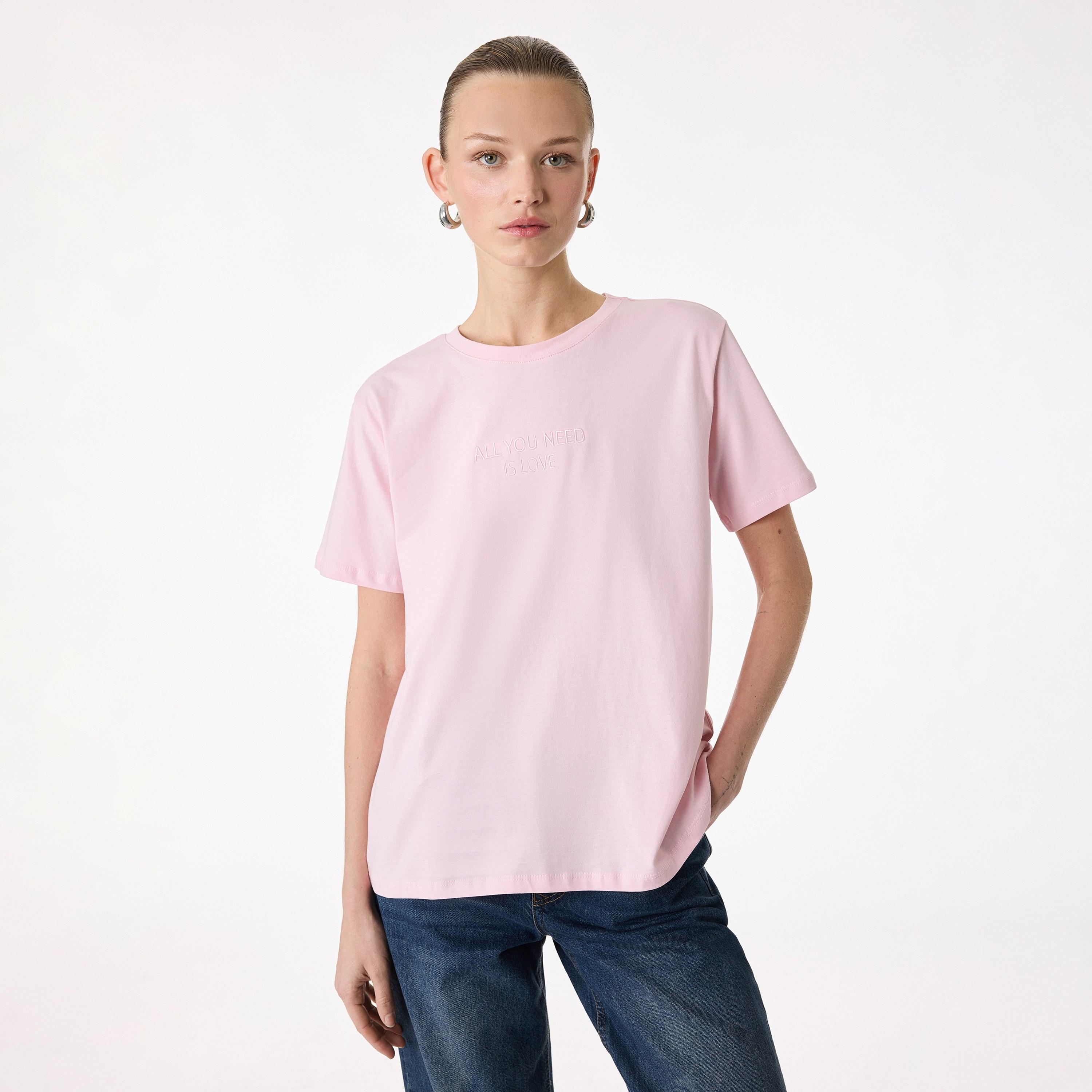 KOTON Pink Embroidered-Text Cotton Women's T-Shirt-women-clothing-tshirts-image-1