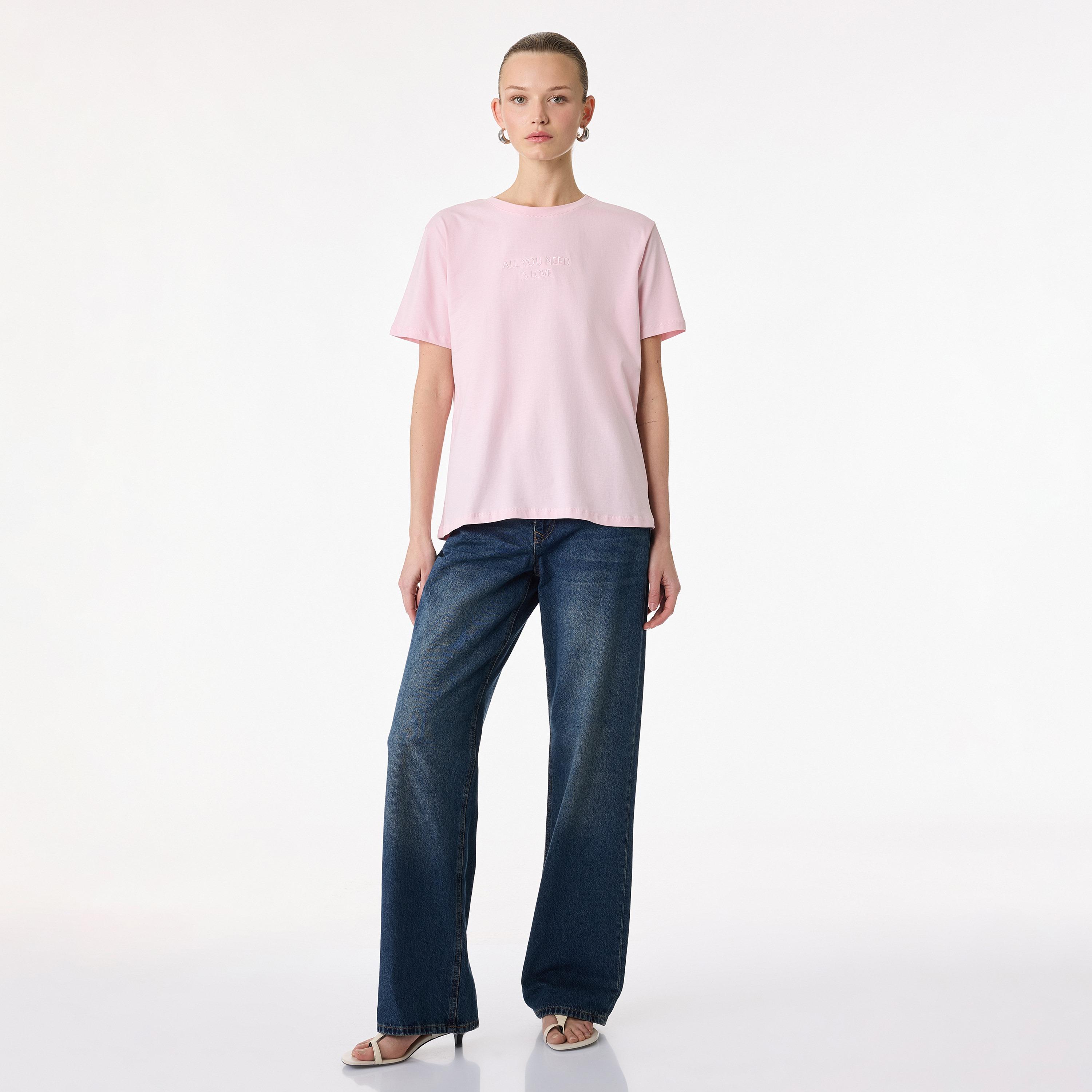 KOTON Pink Embroidered-Text Cotton Women's T-Shirt-women-clothing-tshirts-image-2