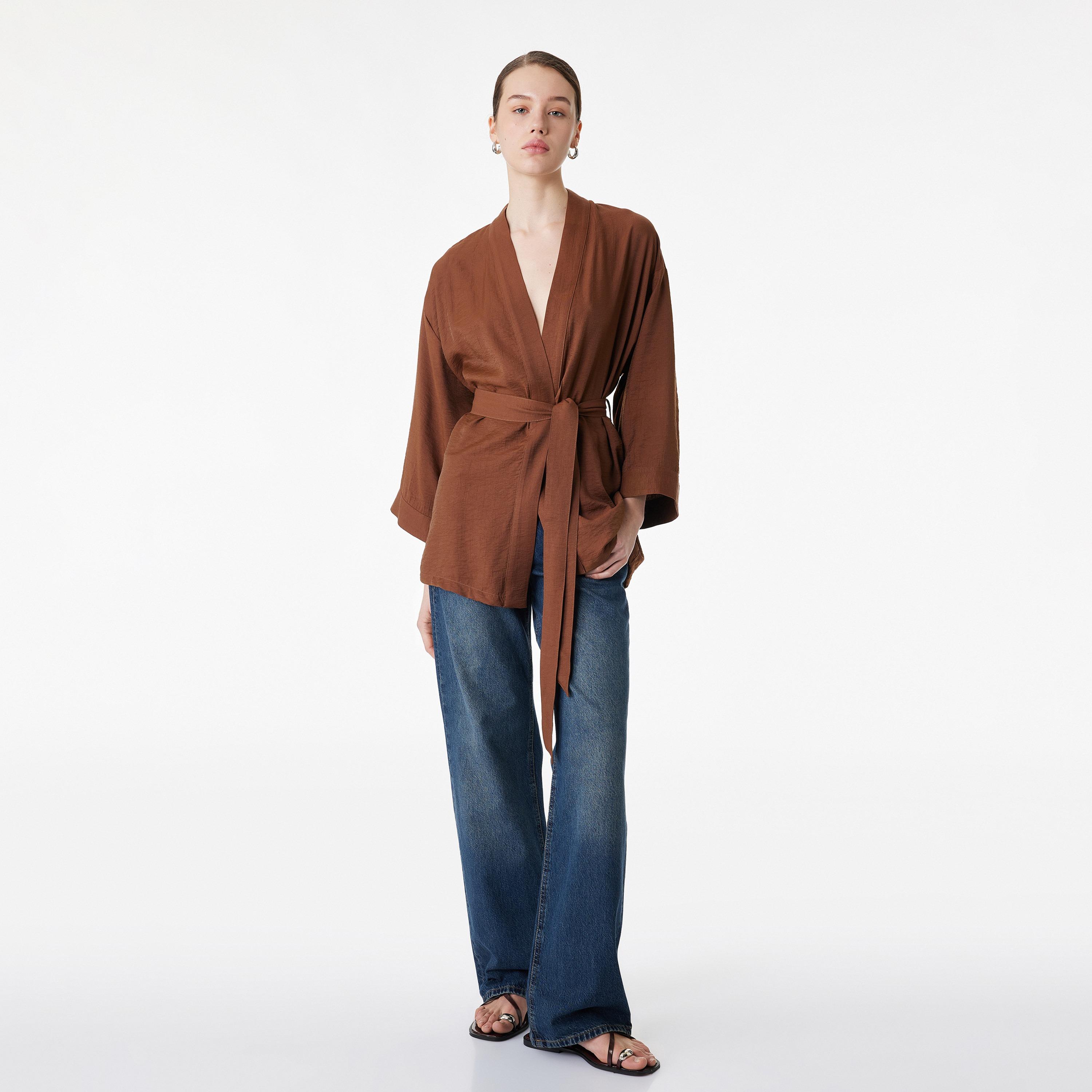 KOTON Textured Shawl Neck Women's Kimono-women-clothing-shirtsandblouses-blouses-image-2