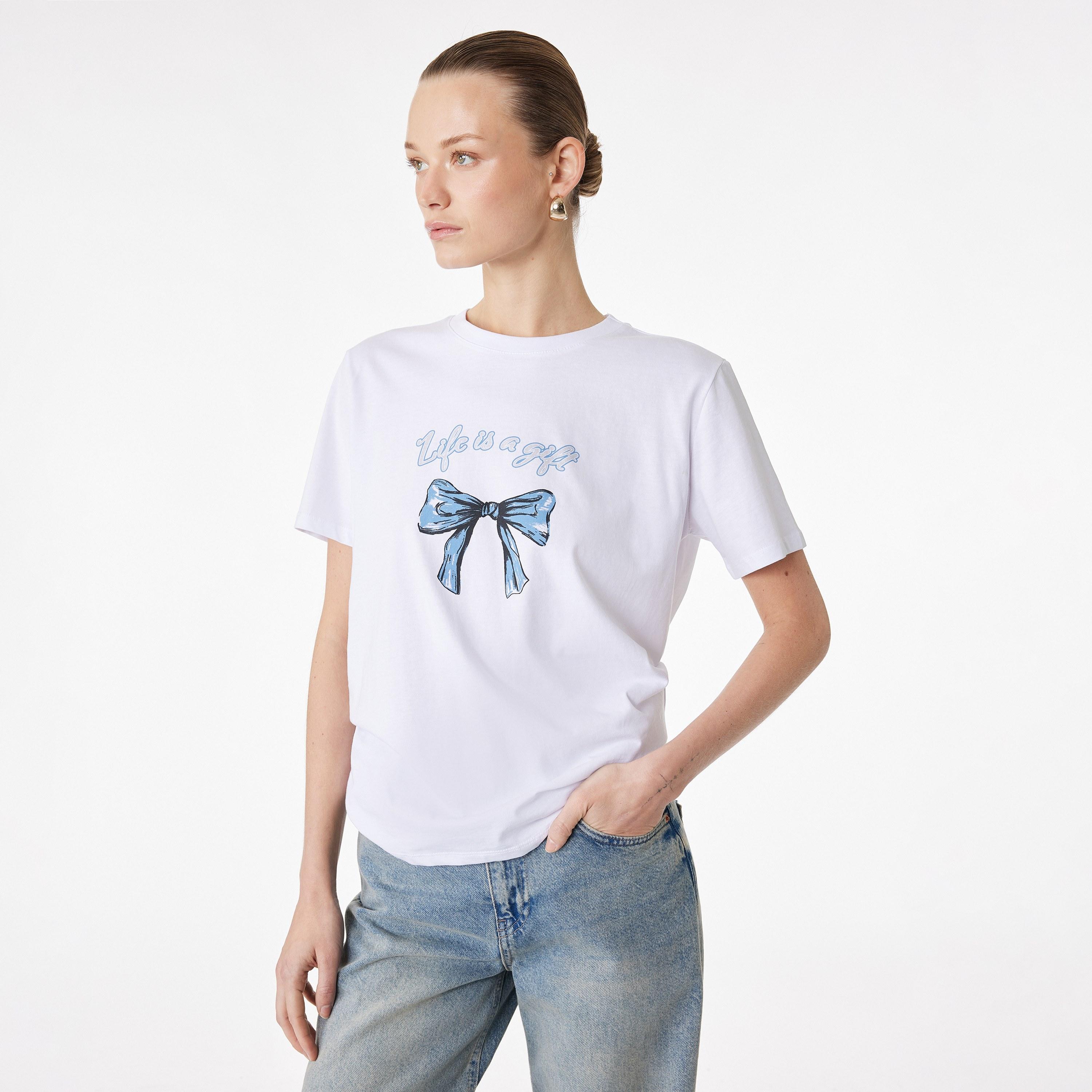 KOTON White Graphic Bow Cotton Women's T-Shirt-women-clothing-tshirts-image-1