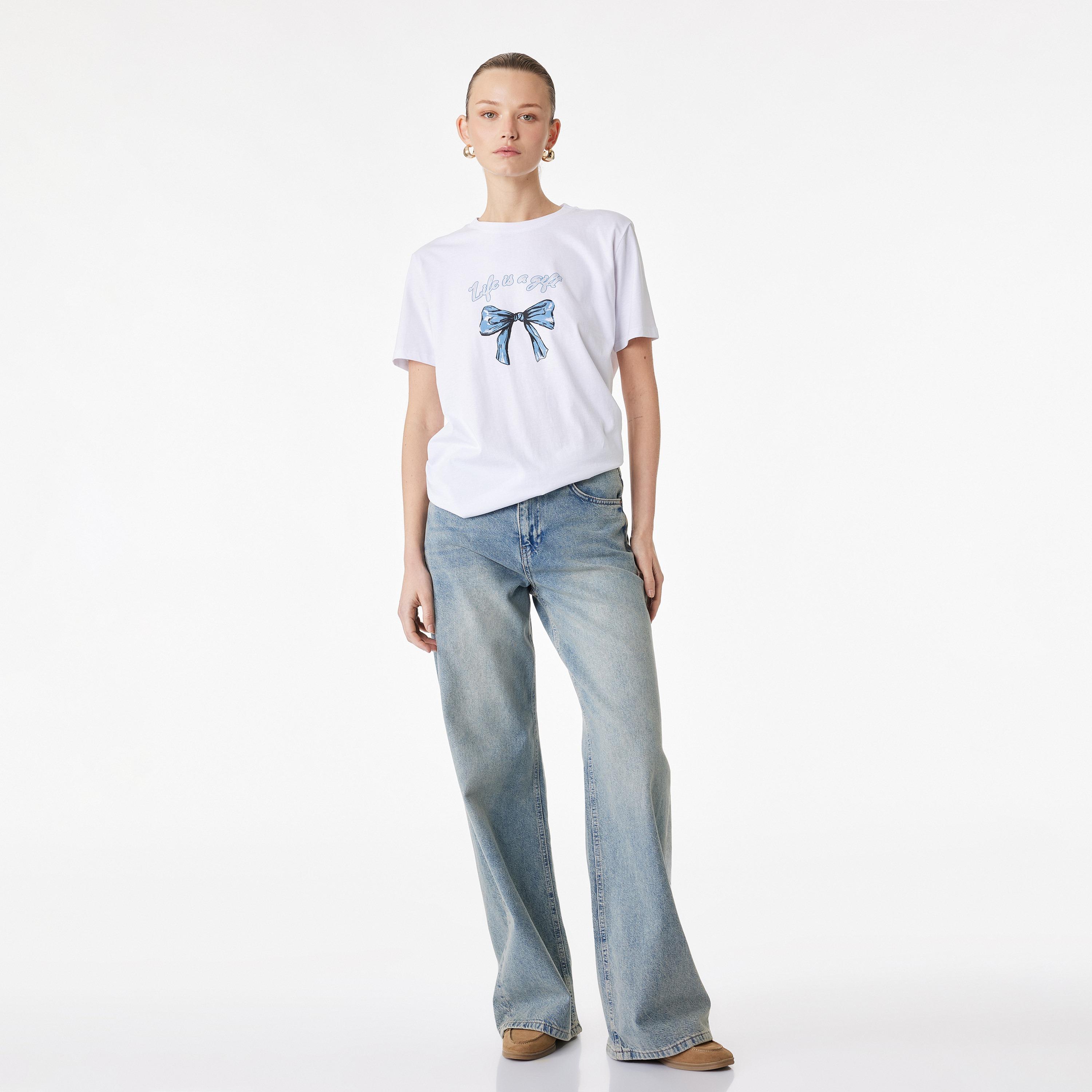 KOTON White Graphic Bow Cotton Women's T-Shirt-women-clothing-tshirts-image-2