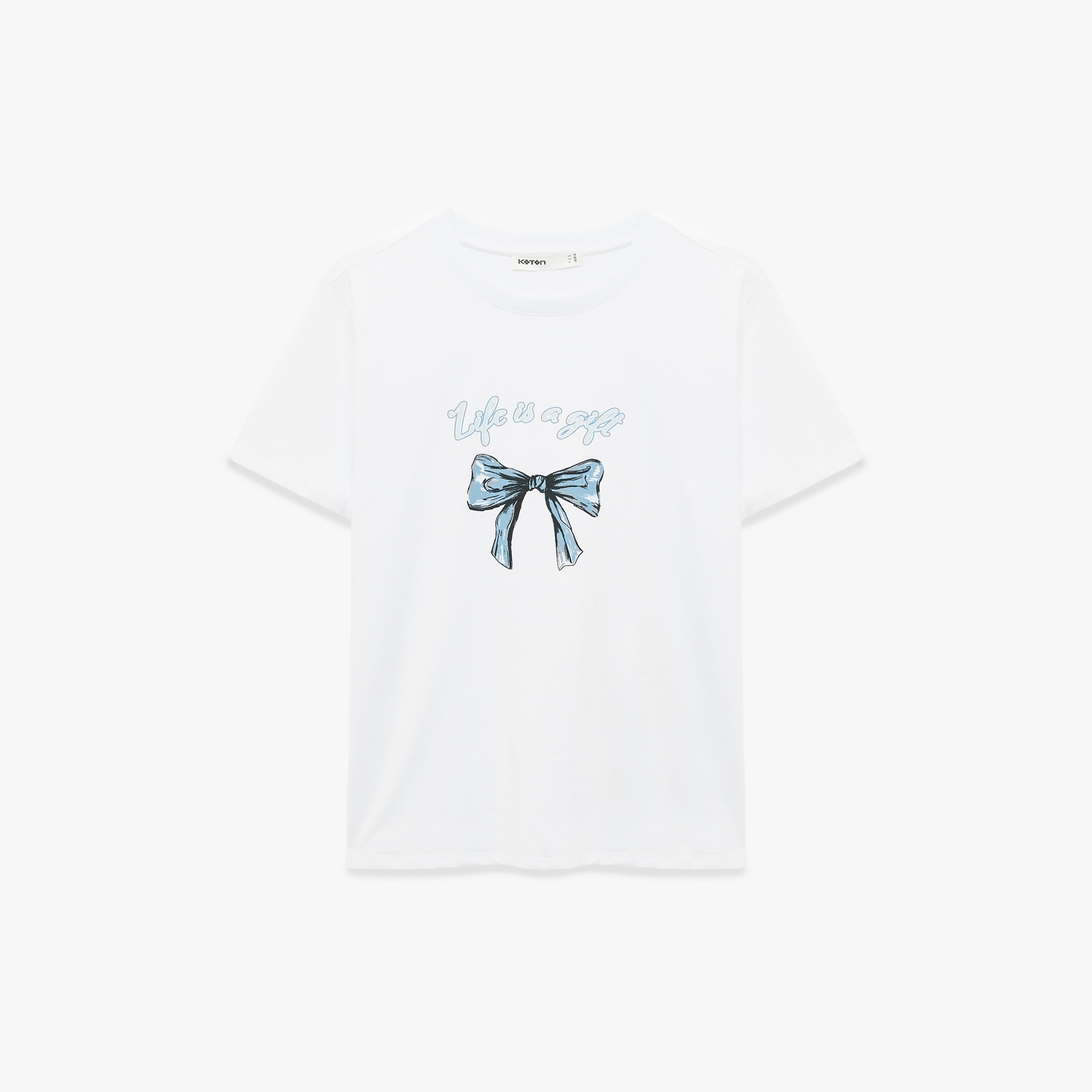 KOTON White Graphic Bow Cotton Women's T-Shirt-women-clothing-tshirts-image-3