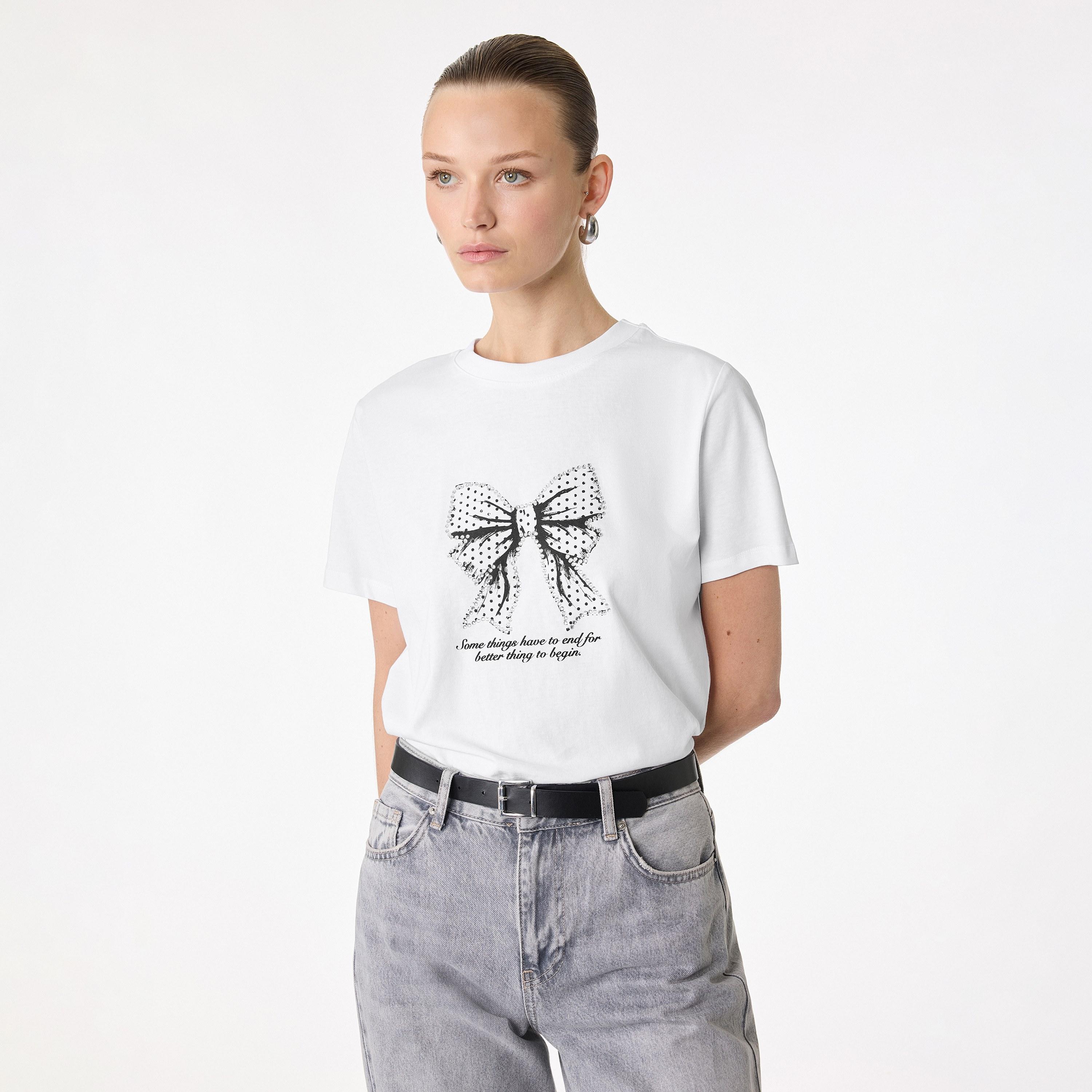 KOTON White Graphic Bow Cotton Women's T-Shirt-women-clothing-tshirts-image-1