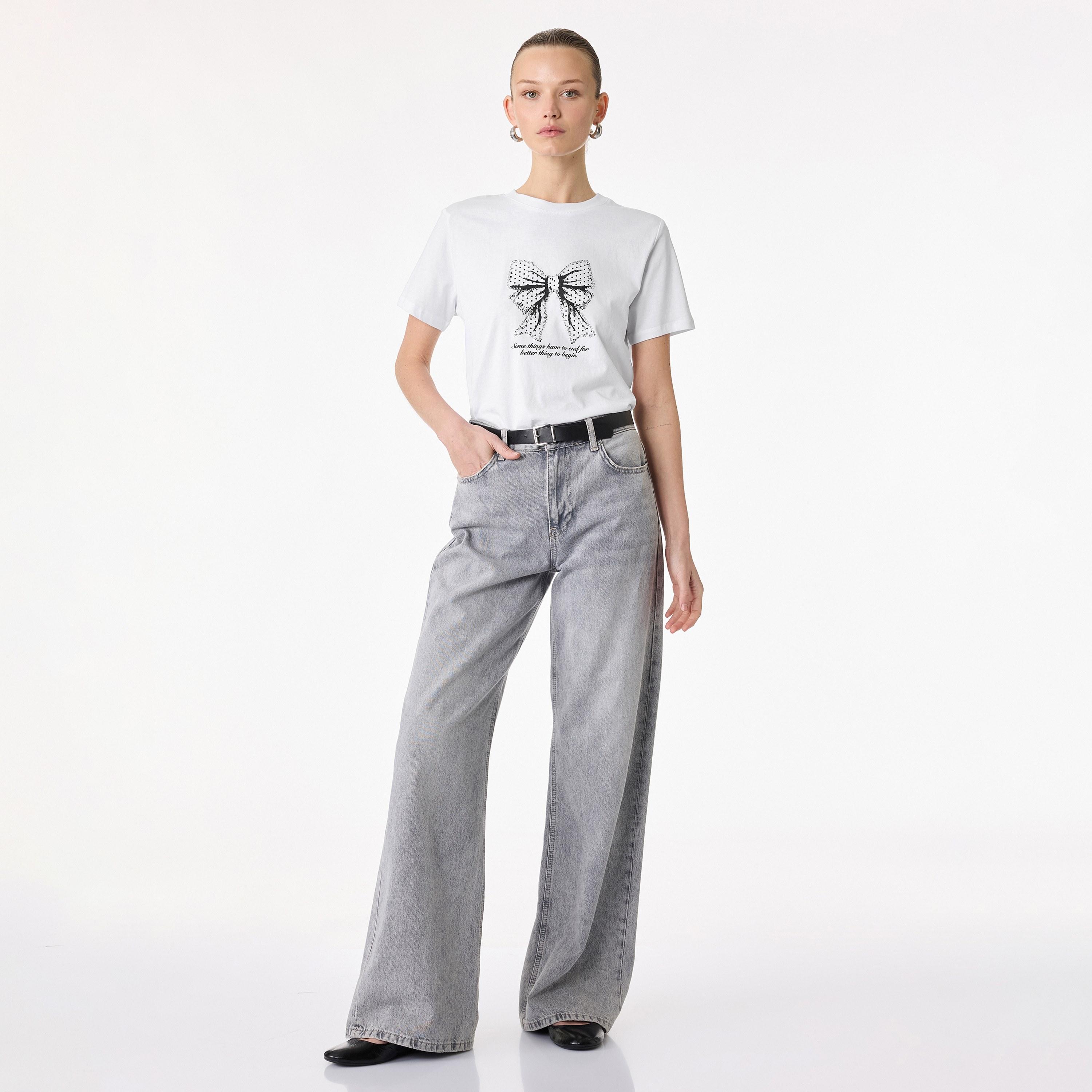 KOTON White Graphic Bow Cotton Women's T-Shirt-women-clothing-tshirts-image-2