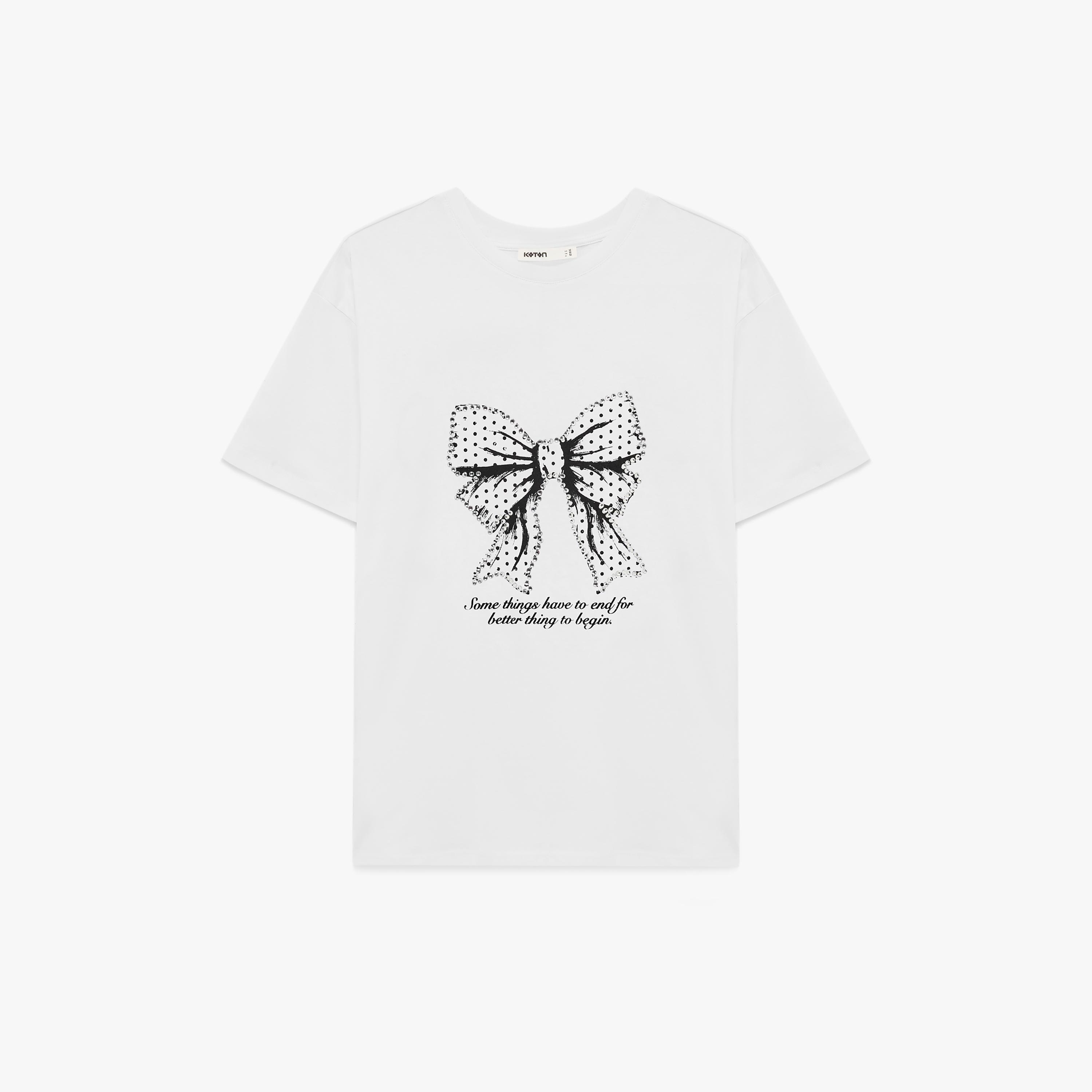 KOTON White Graphic Bow Cotton Women's T-Shirt-women-clothing-tshirts-image-3