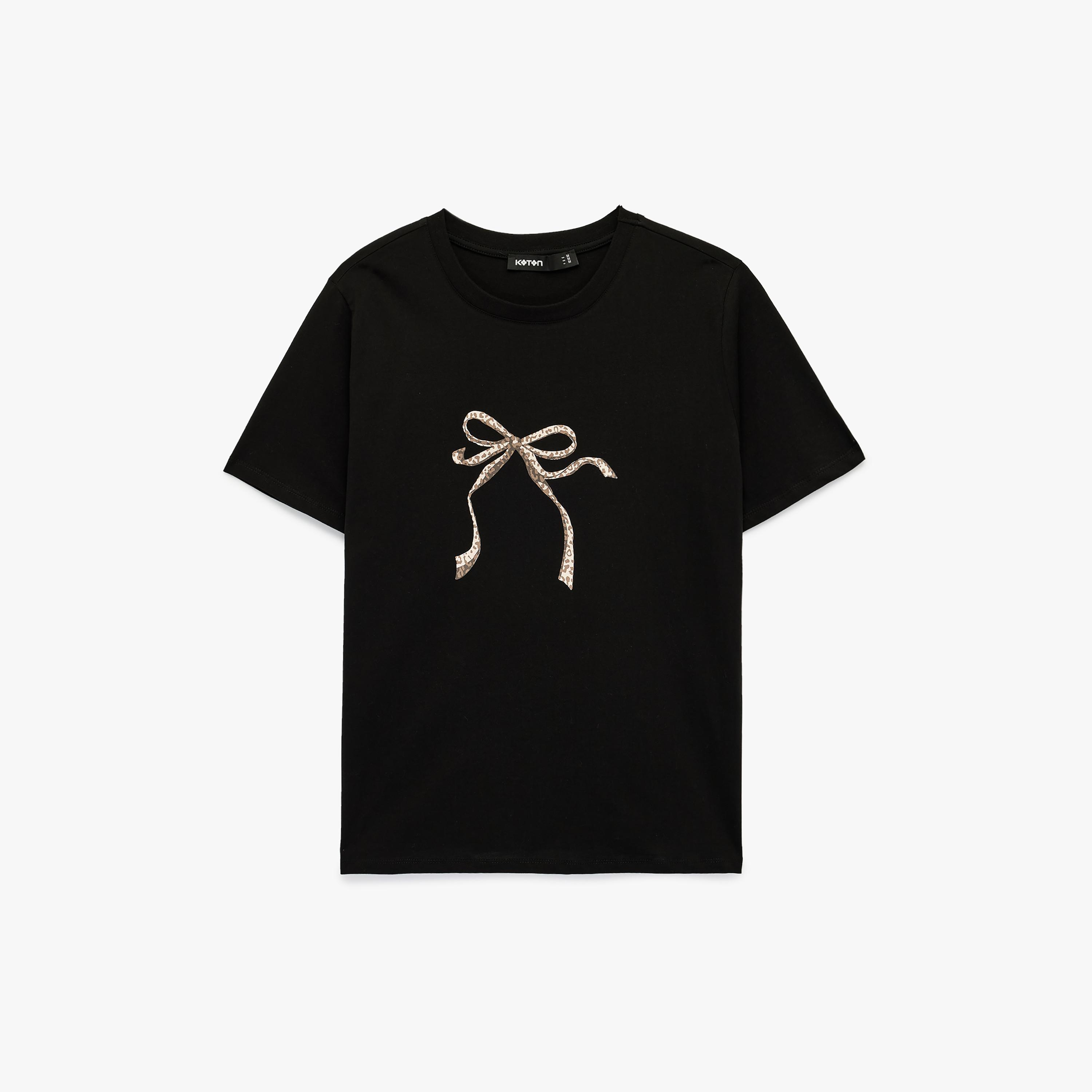 KOTON Black Graphic Bow Cotton Women's T-Shirt-women-clothing-tshirts-image-3