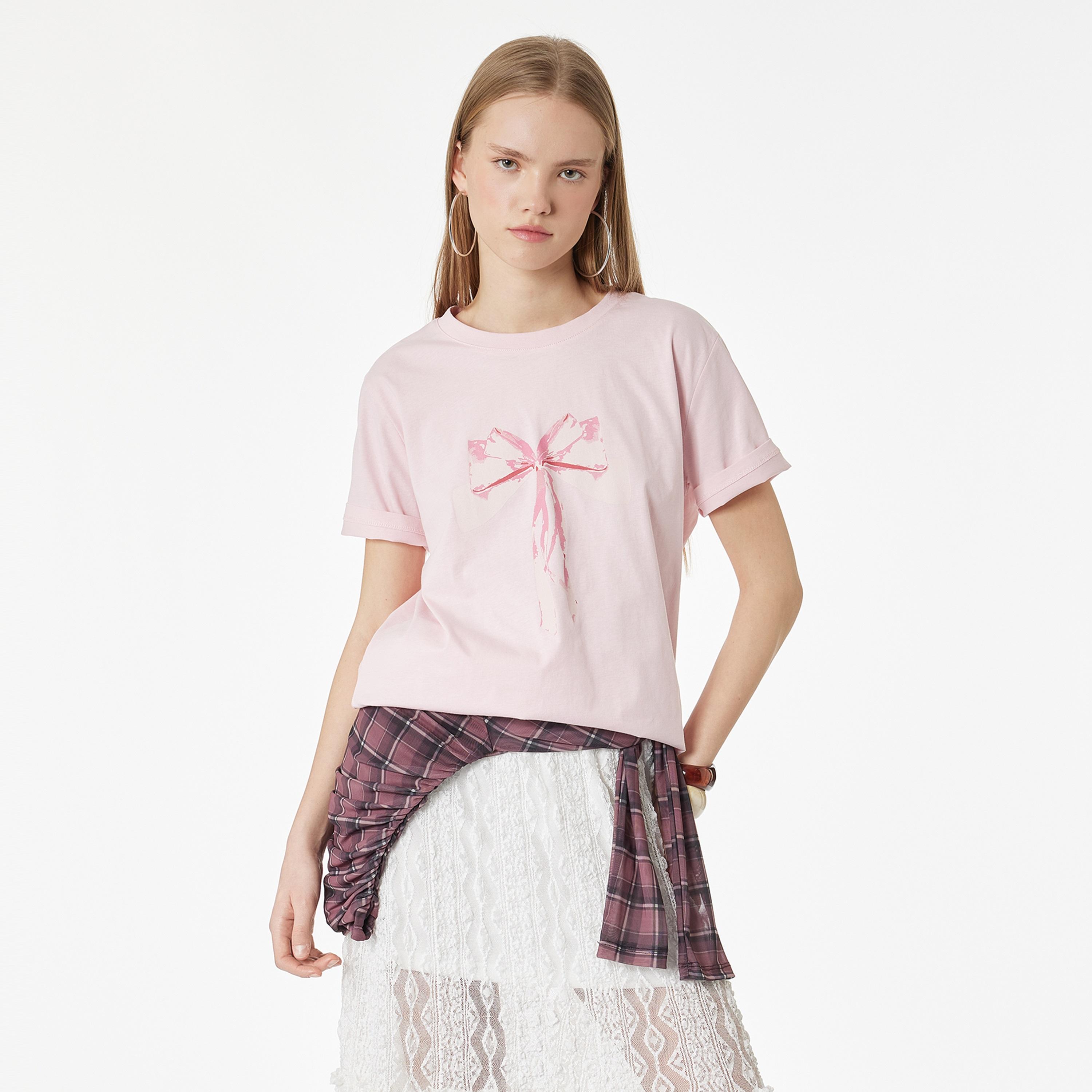 KOTON Pink Graphic Bow Cotton Women's T-Shirt-women-clothing-tshirts-image-1