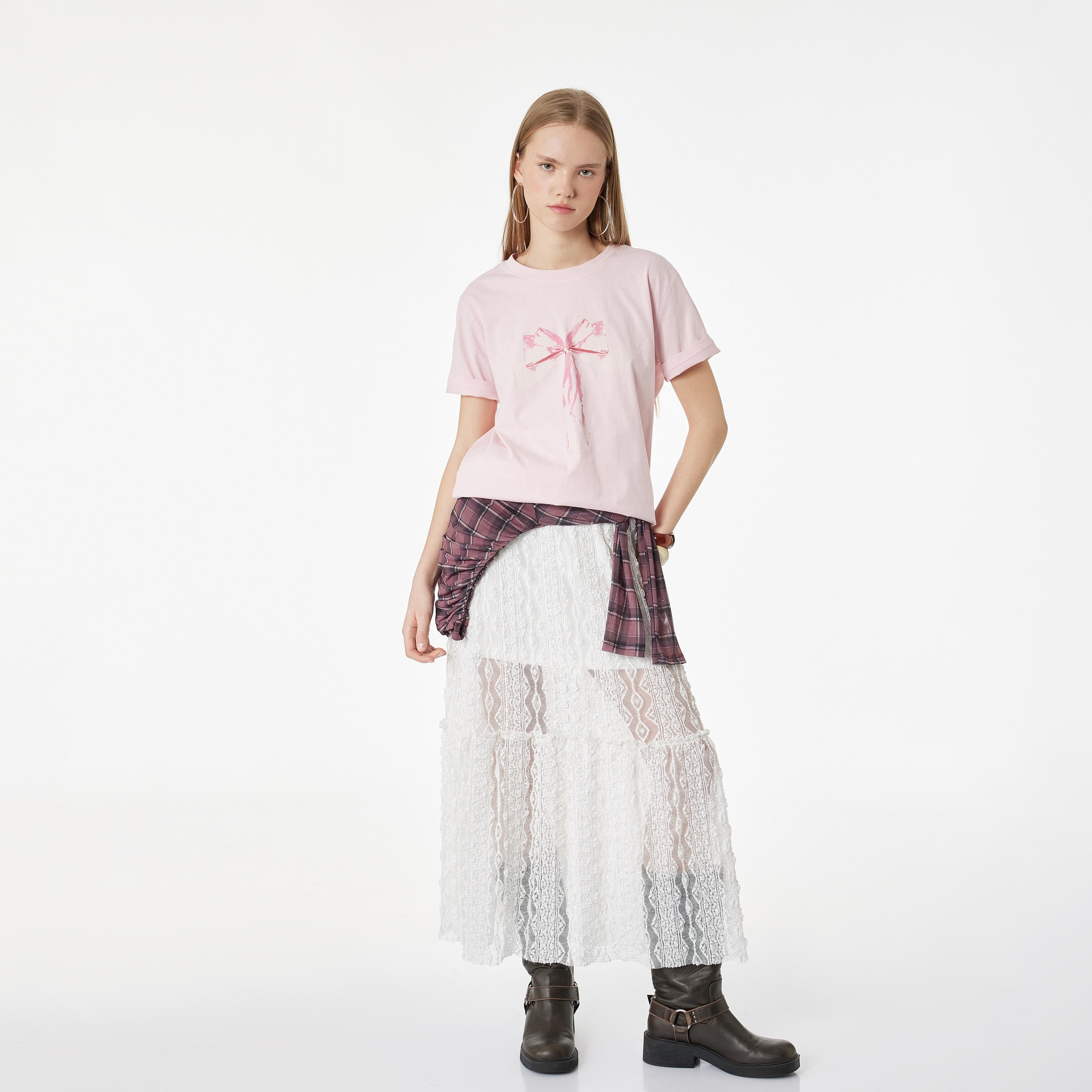 KOTON Pink Graphic Bow Cotton Women's T-Shirt-women-clothing-tshirts-image-2