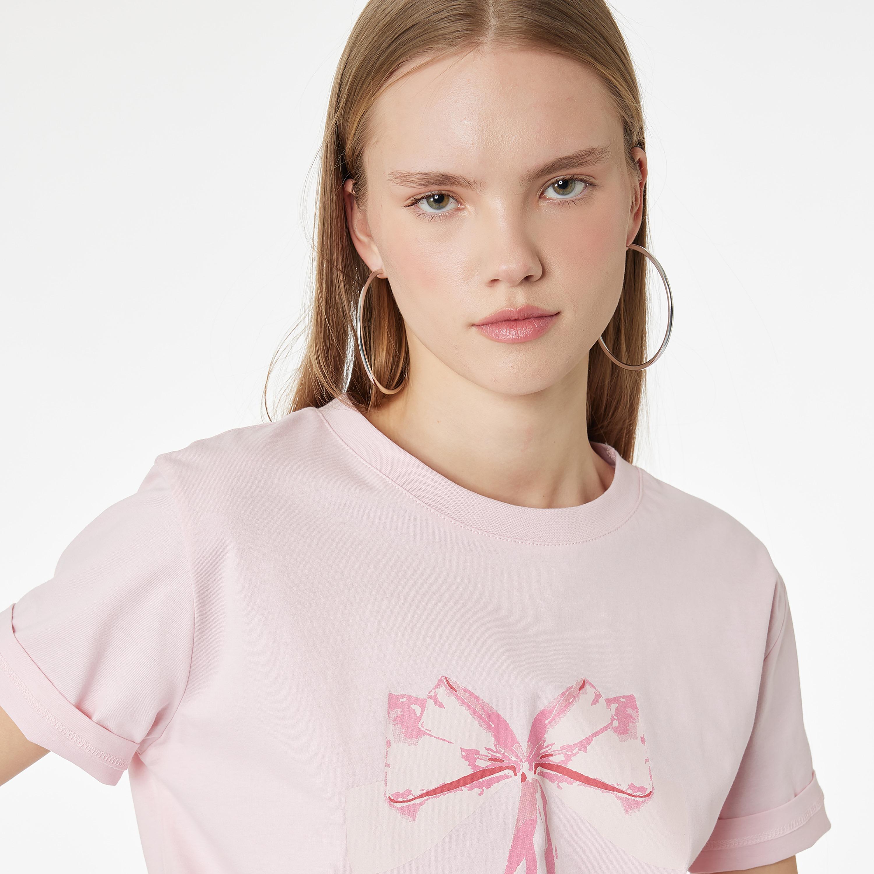 KOTON Pink Graphic Bow Cotton Women's T-Shirt-women-clothing-tshirts-image-3