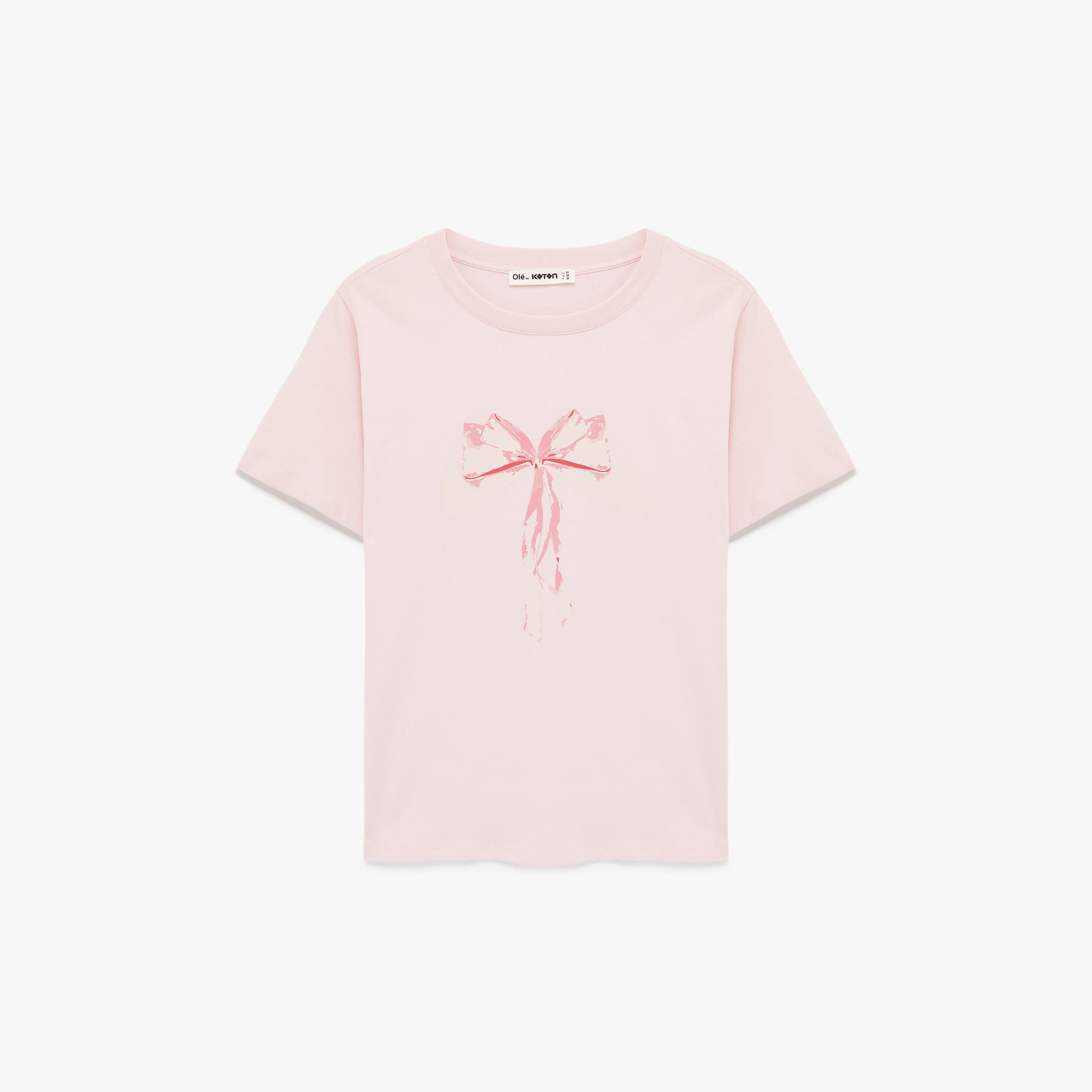 KOTON Pink Graphic Bow Cotton Women's T-Shirt-women-clothing-tshirts-image-4