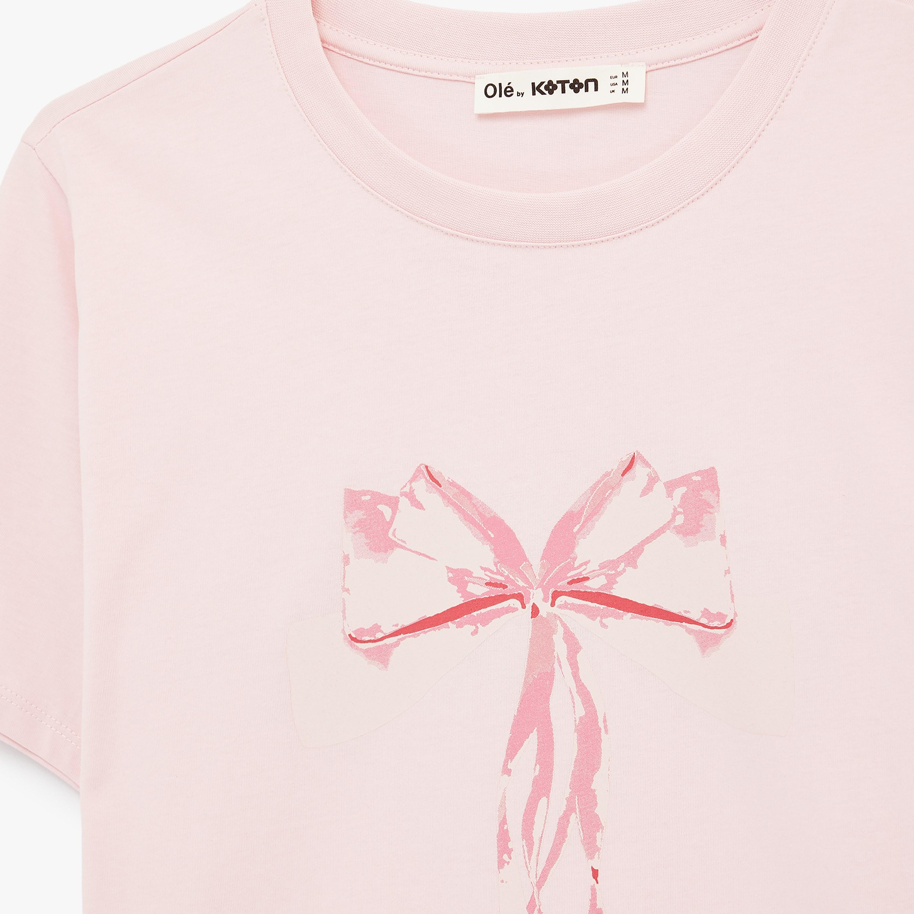 KOTON Pink Graphic Bow Cotton Women's T-Shirt-women-clothing-tshirts-image-6
