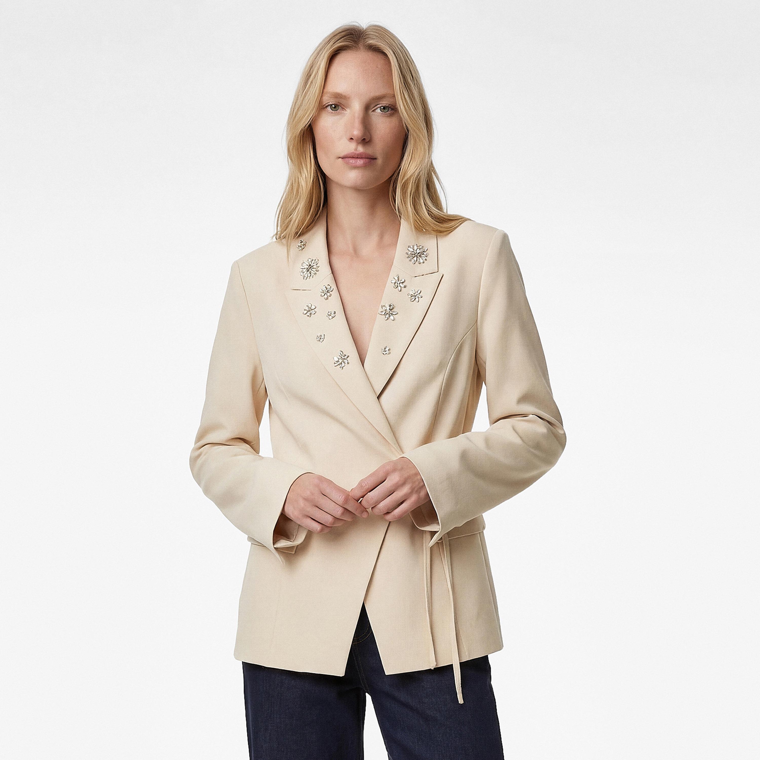 KOTON Beige Crystal Detailed Lapel Collar Women's Single Breasted Blazer-women-clothing-coatsandjackets-blazers-image-1