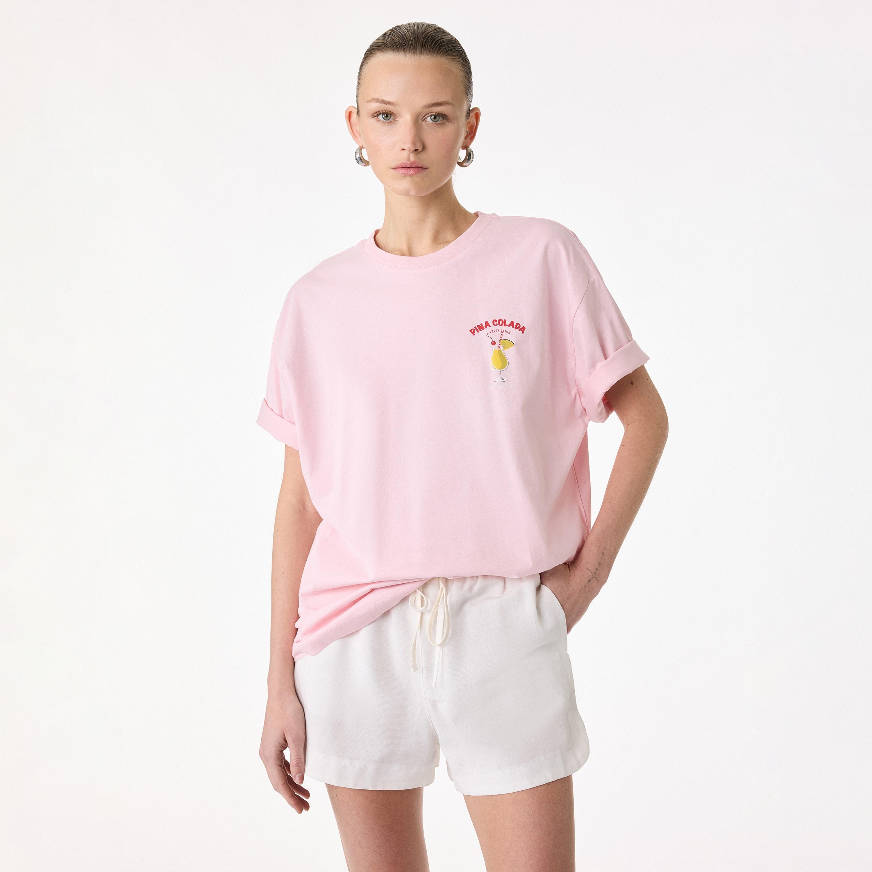 KOTON Pink Graphic Drink Print Cotton Women's T-Shirt-women-clothing-tshirts-image-1