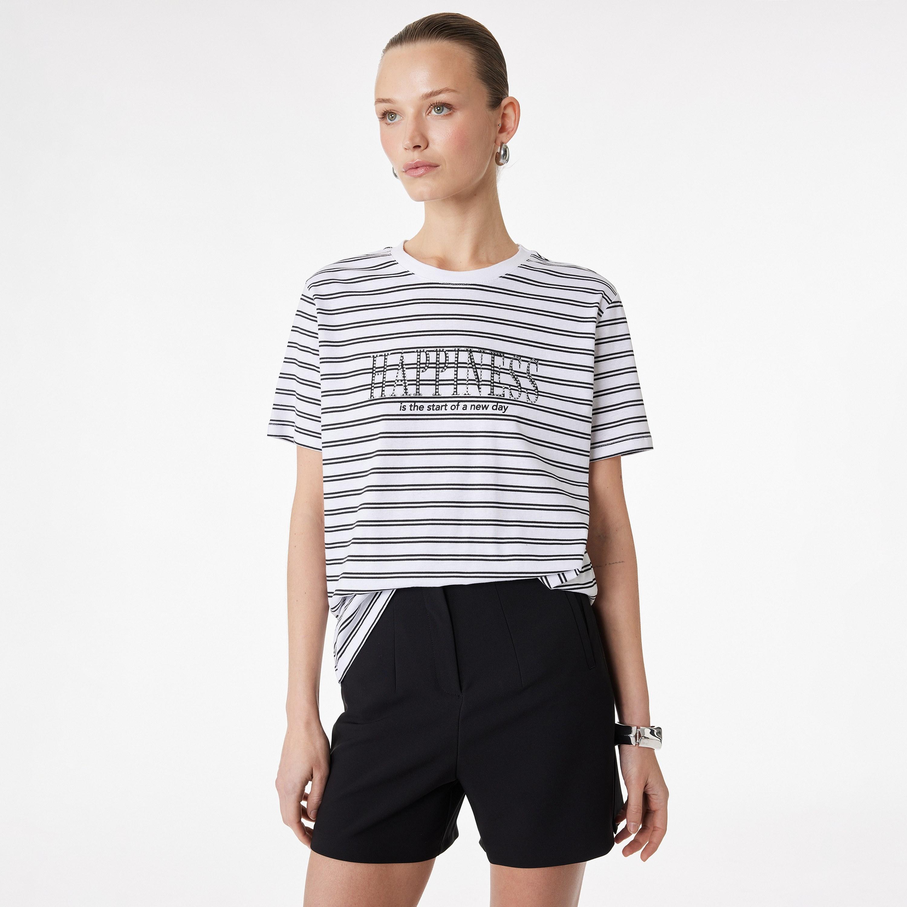 KOTON White Striped Cotton Women's T-Shirt-women-clothing-tshirts-image-1
