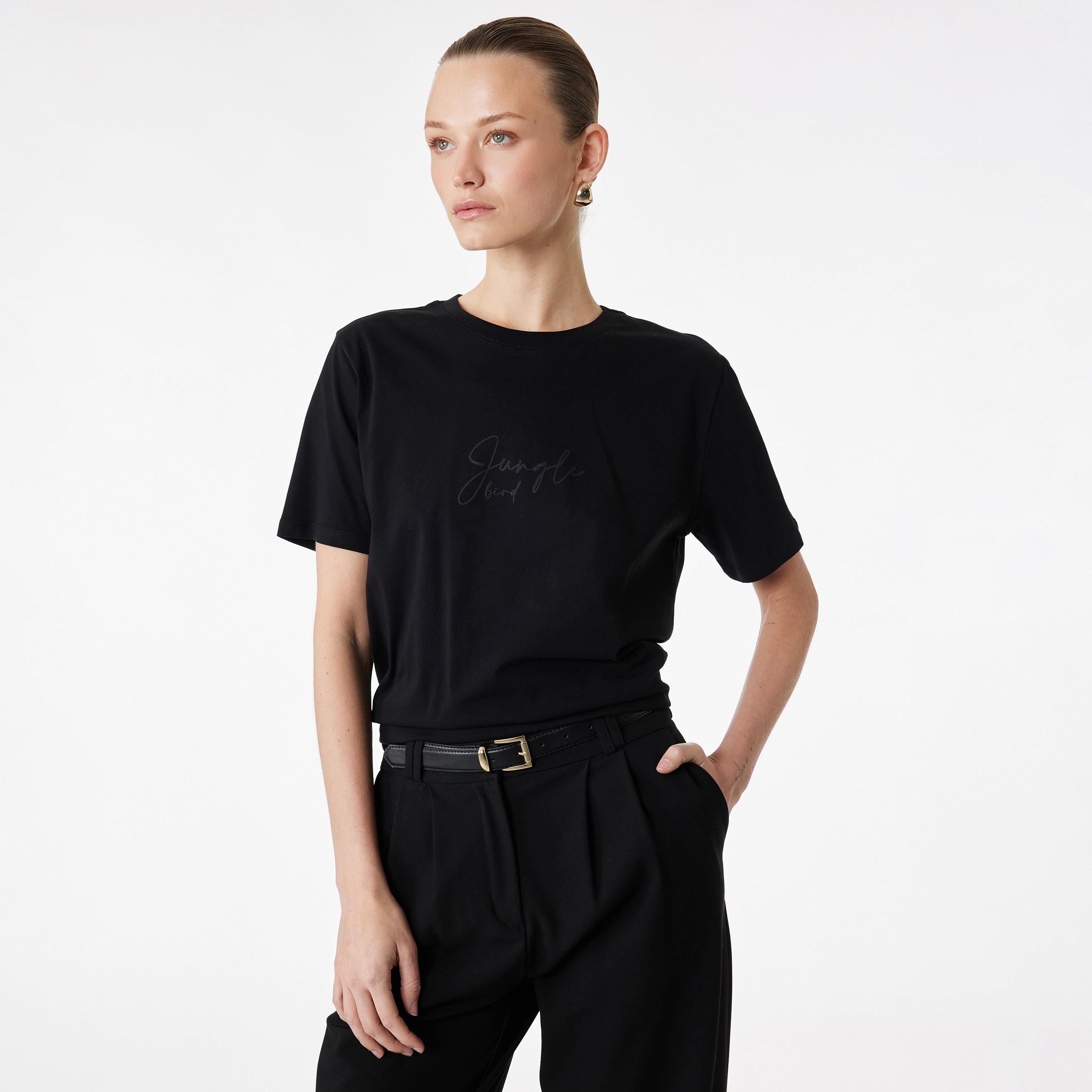 KOTON Black Text-Print Cotton Women's T-Shirt-women-clothing-tshirts-image-1
