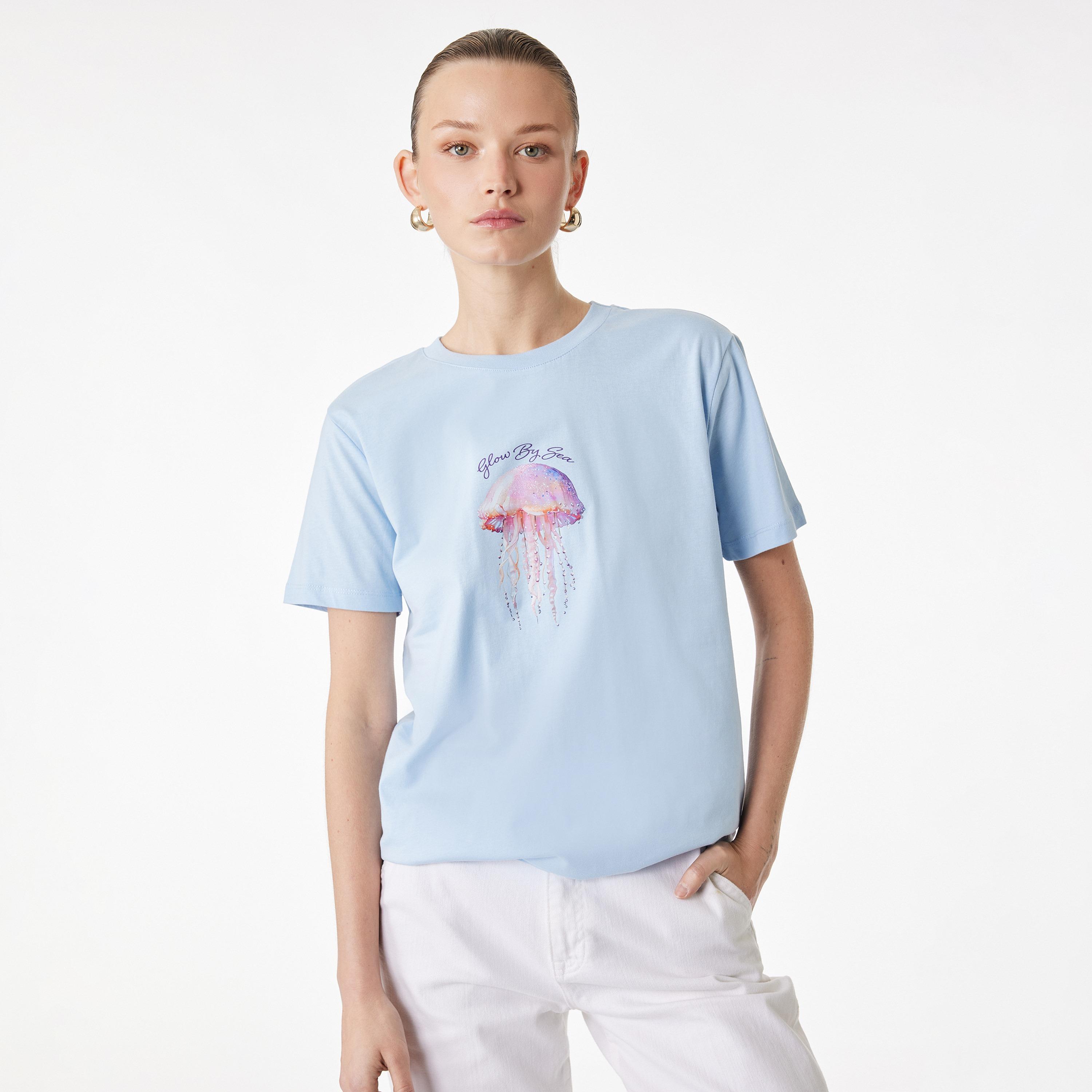 KOTON Light Blue Graphic Jelly Fish Cotton Women's T-Shirt-women-clothing-tshirts-image-1