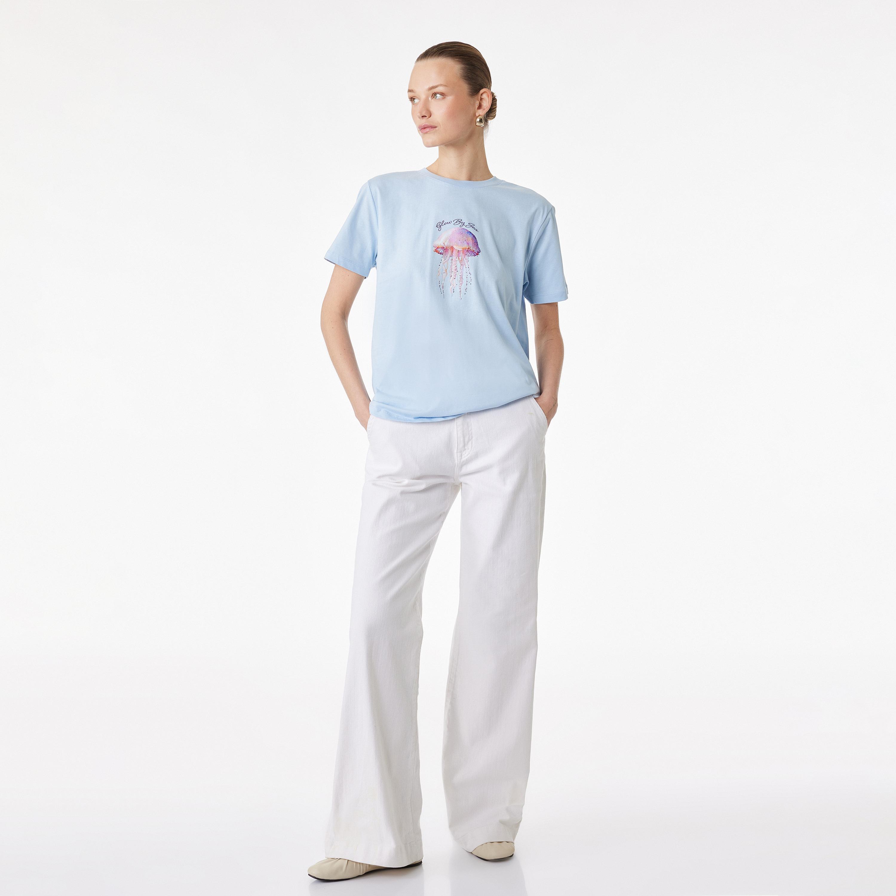 KOTON Light Blue Graphic Jelly Fish Cotton Women's T-Shirt-women-clothing-tshirts-image-2