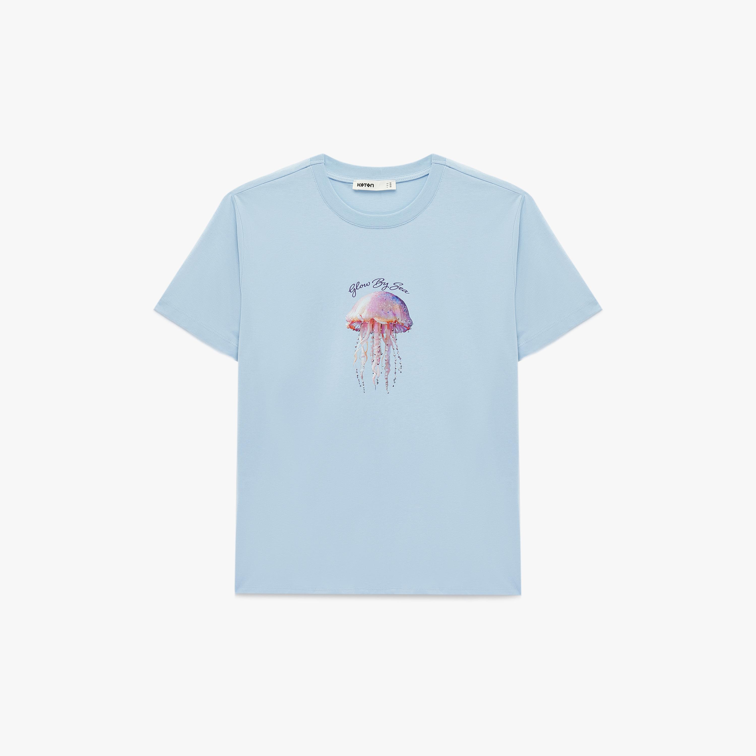 KOTON Light Blue Graphic Jelly Fish Cotton Women's T-Shirt-women-clothing-tshirts-image-3