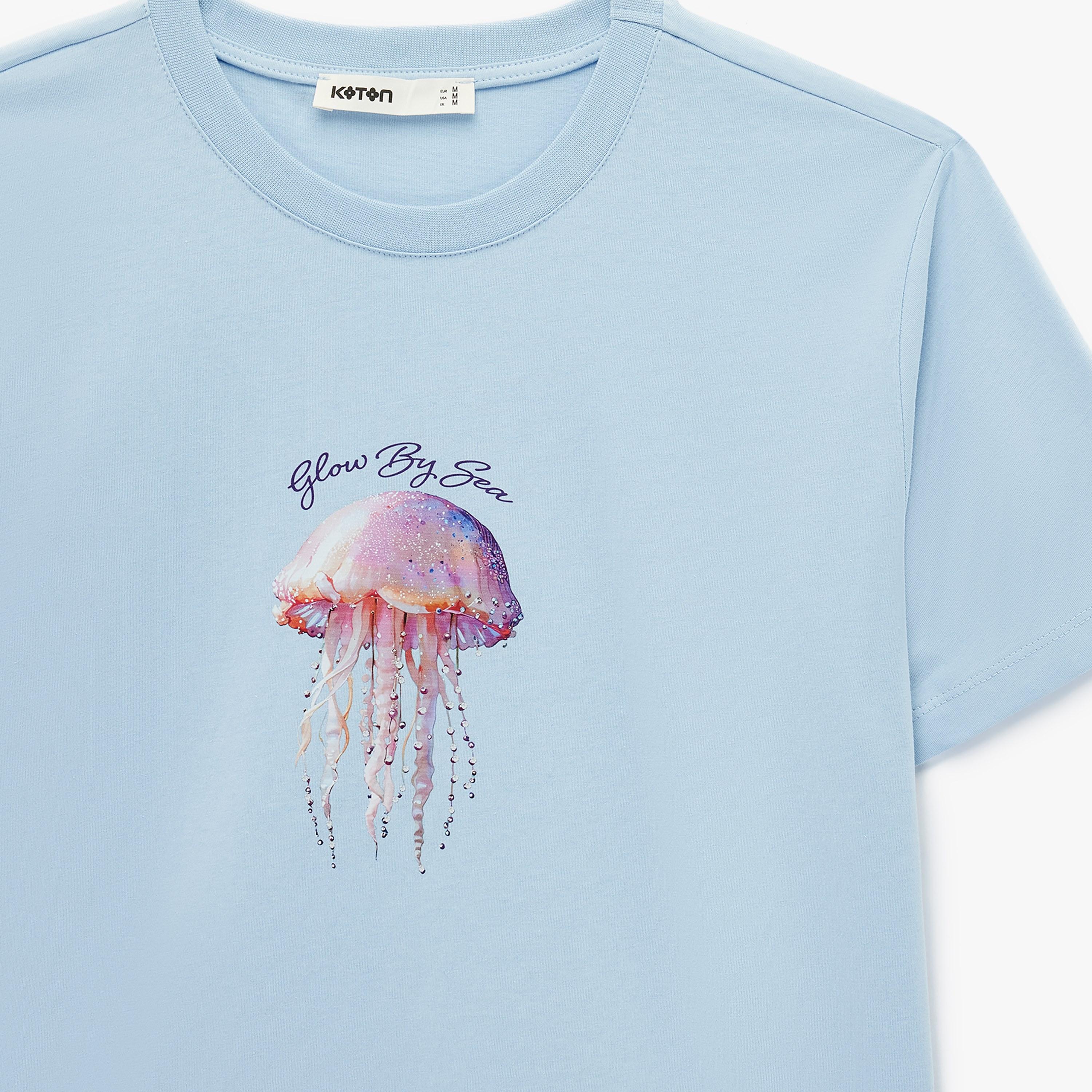 KOTON Light Blue Graphic Jelly Fish Cotton Women's T-Shirt-women-clothing-tshirts-image-5