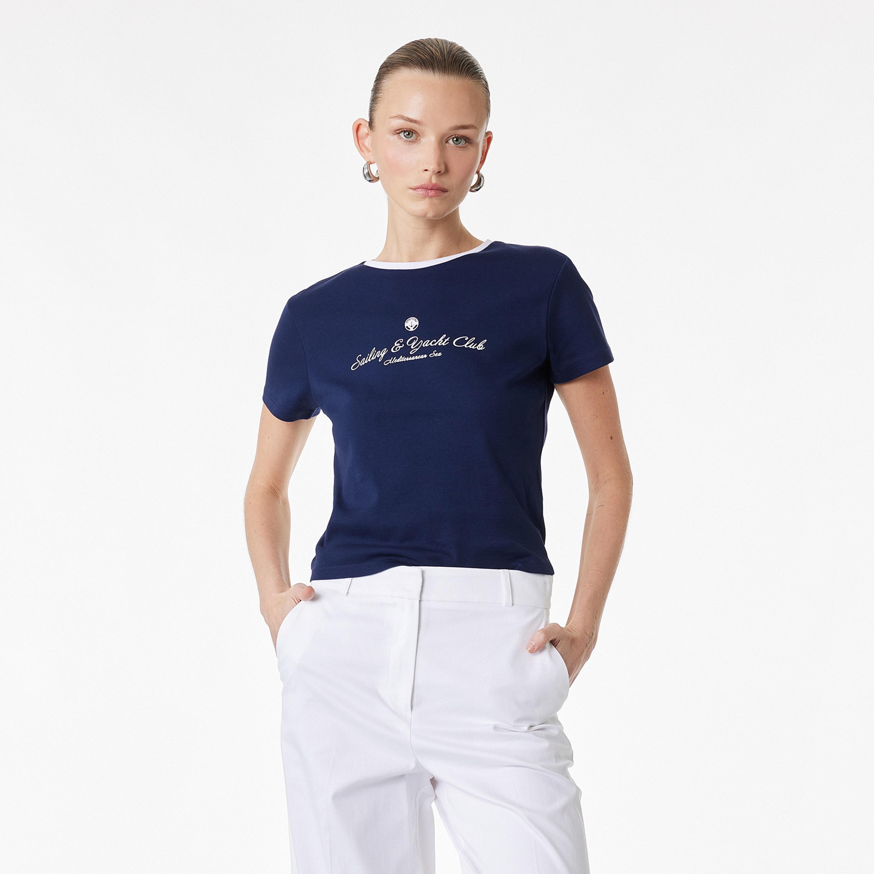 KOTON Navy Text-Print Cotton Women's T-Shirt-women-clothing-tshirts-image-1