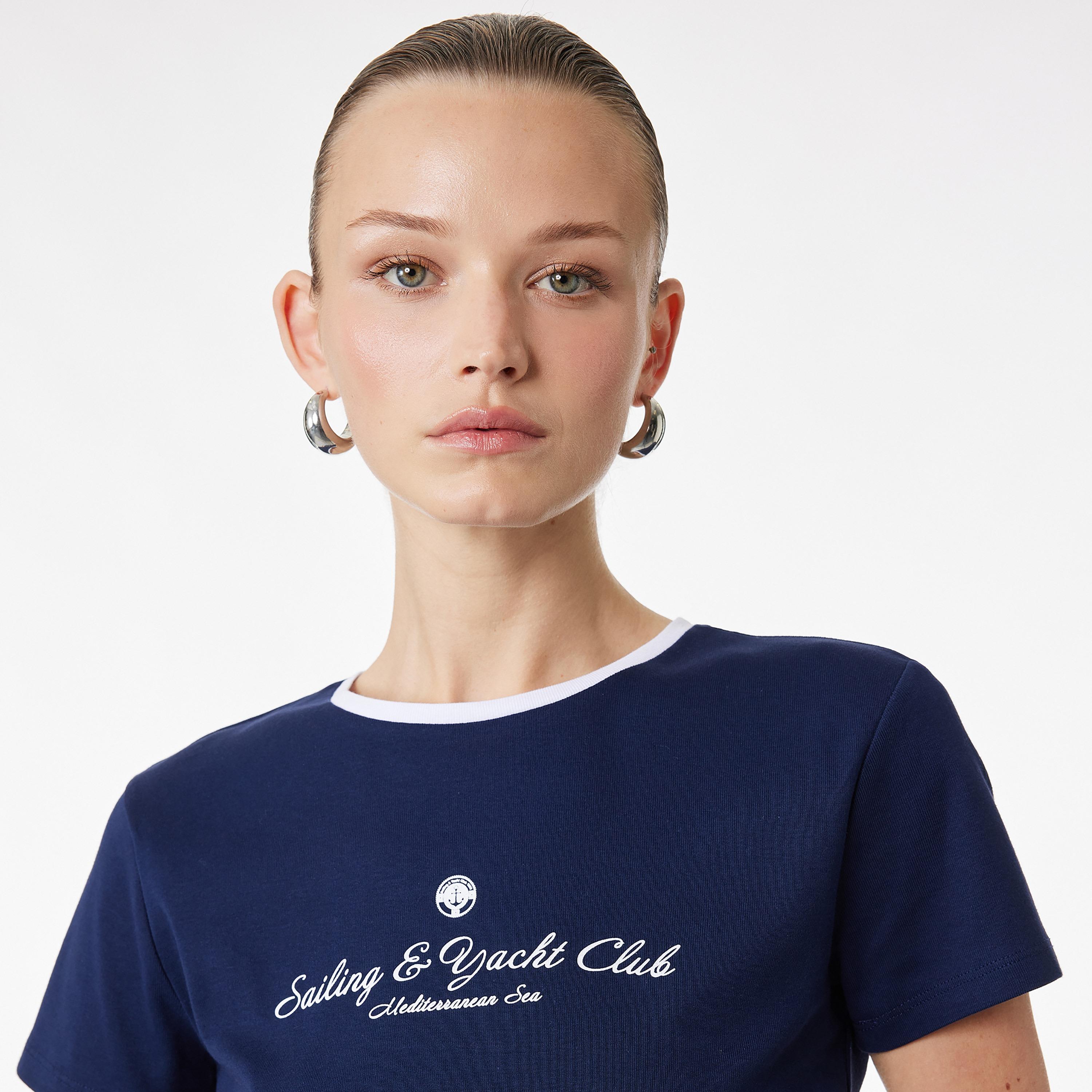 KOTON Navy Text-Print Cotton Women's T-Shirt-women-clothing-tshirts-image-3