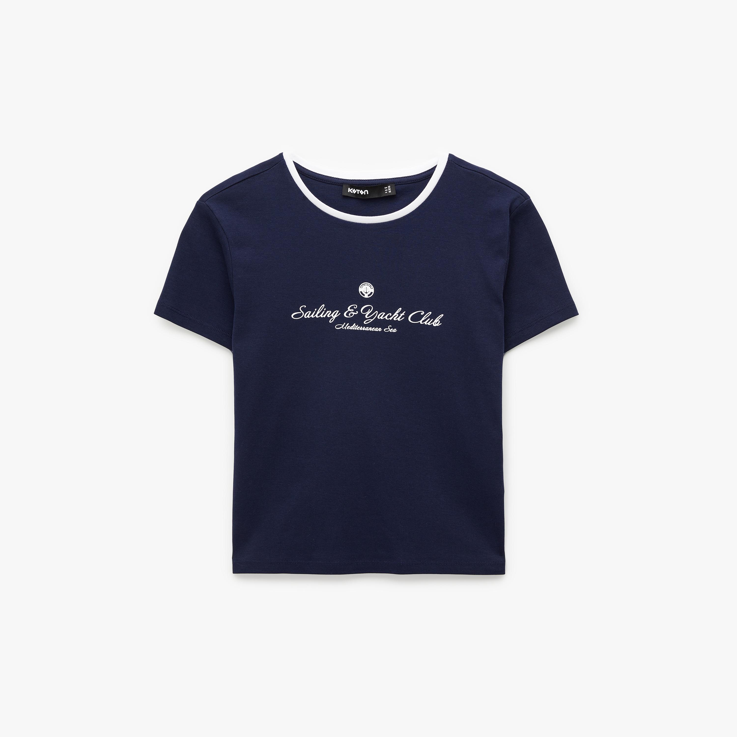 KOTON Navy Text-Print Cotton Women's T-Shirt-women-clothing-tshirts-image-4