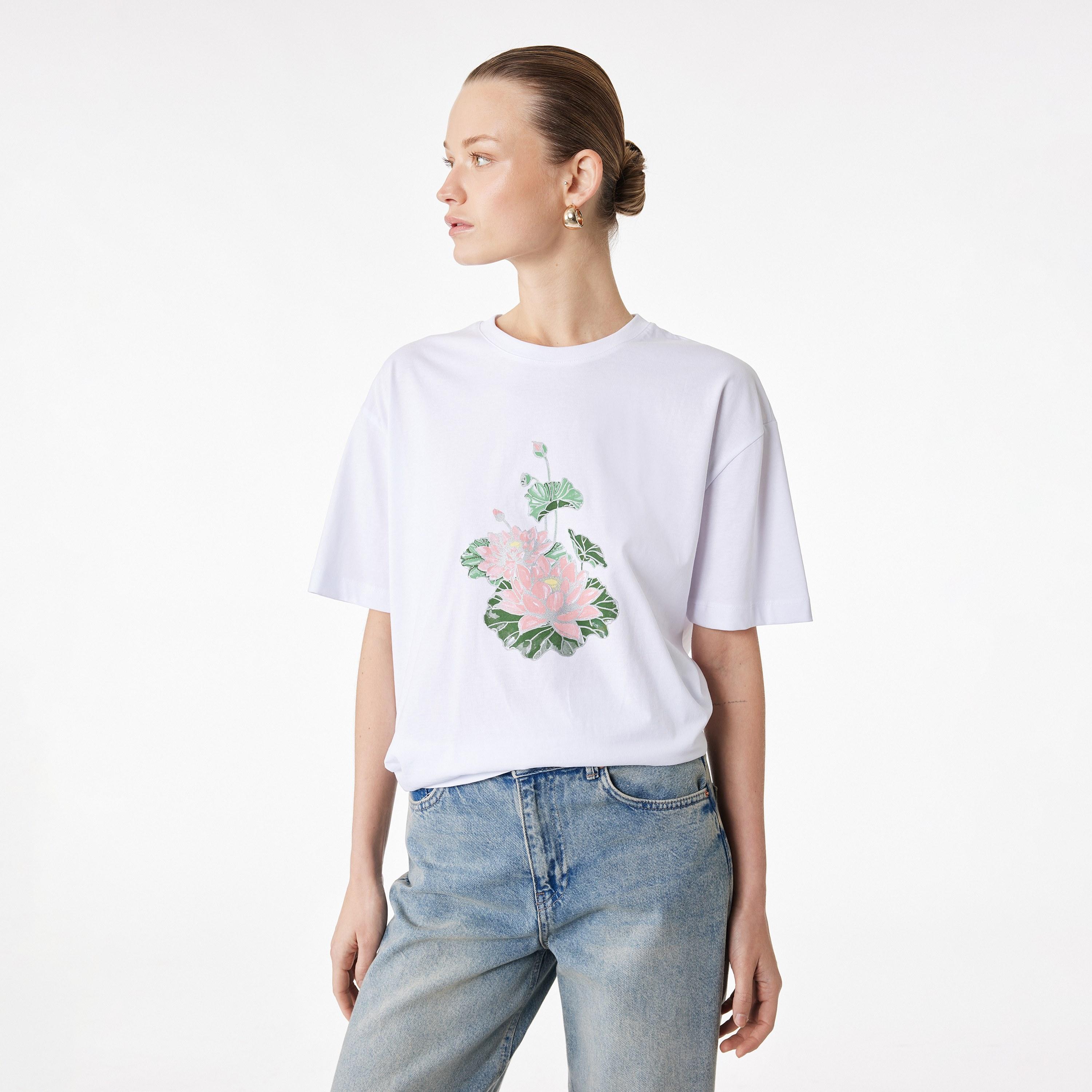 KOTON White Graphic Floral Print Cotton Drop Shoulder Sleeves Women's T-Shirt-women-clothing-tshirts-image-1