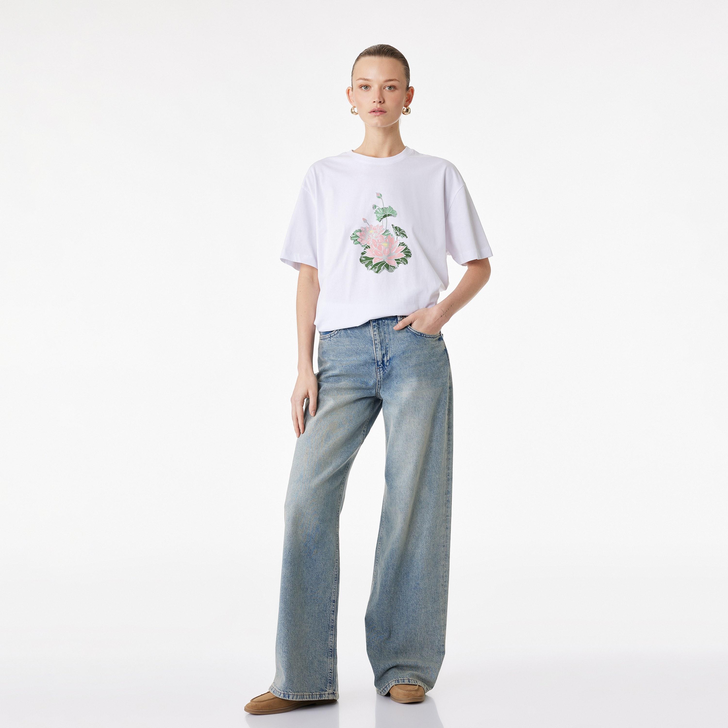 KOTON White Graphic Floral Print Cotton Drop Shoulder Sleeves Women's T-Shirt-women-clothing-tshirts-image-2