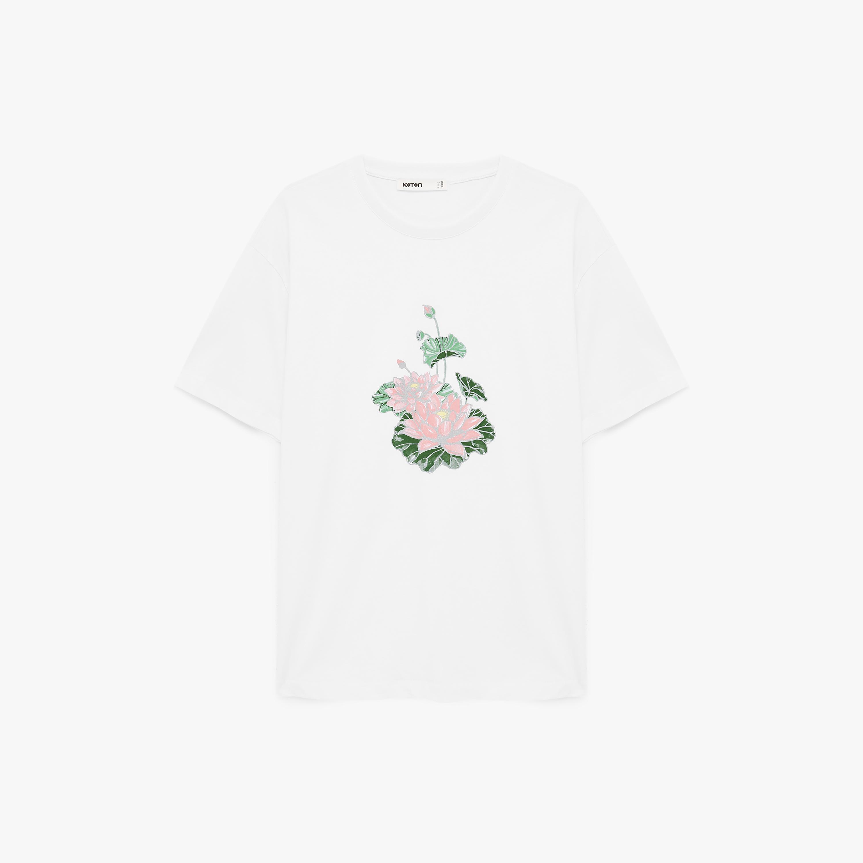 KOTON White Graphic Floral Print Cotton Drop Shoulder Sleeves Women's T-Shirt-women-clothing-tshirts-image-3