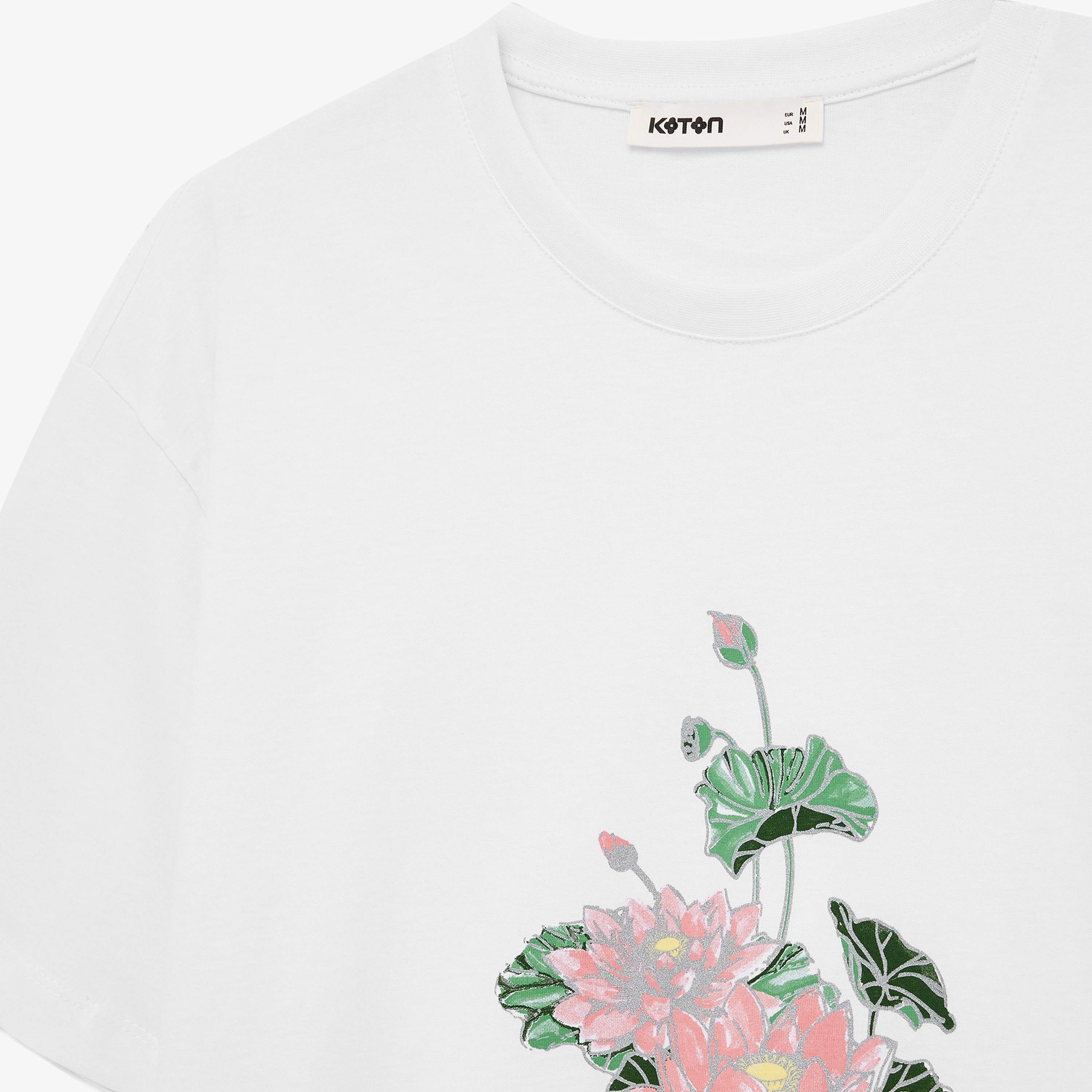KOTON White Graphic Floral Print Cotton Drop Shoulder Sleeves Women's T-Shirt-women-clothing-tshirts-image-5