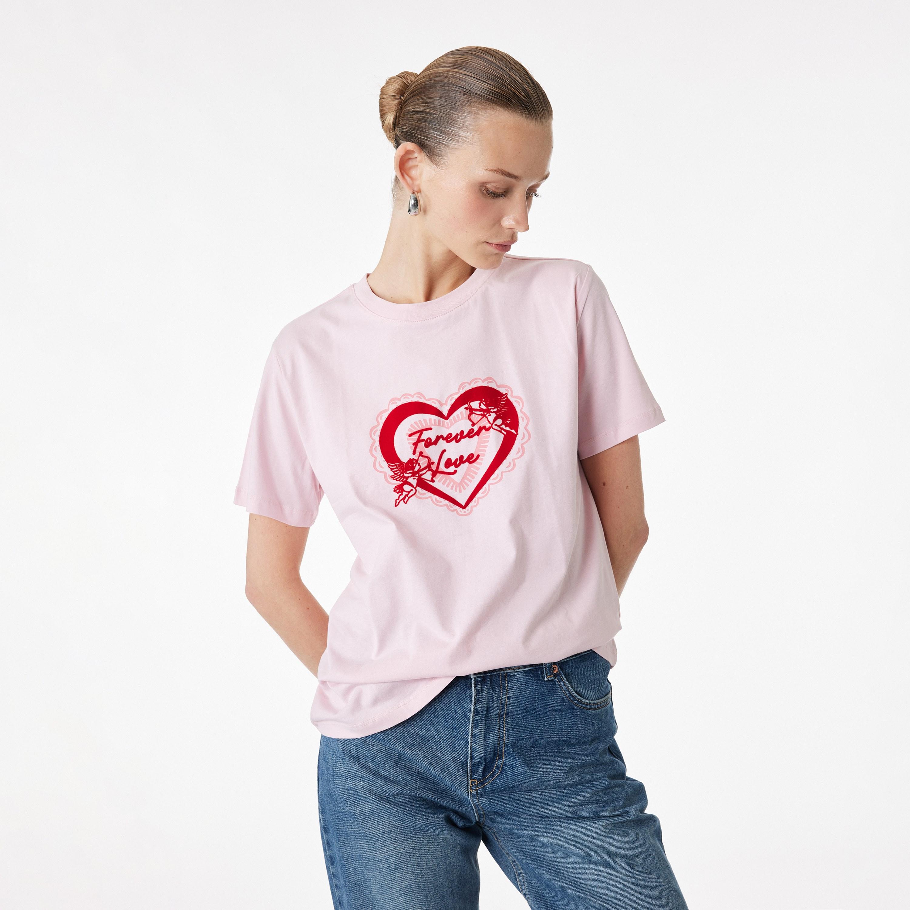تيشيرت قطني نسائي بطبعة قلب بلون وردي من كوتون-women-clothing-tshirts-image-1