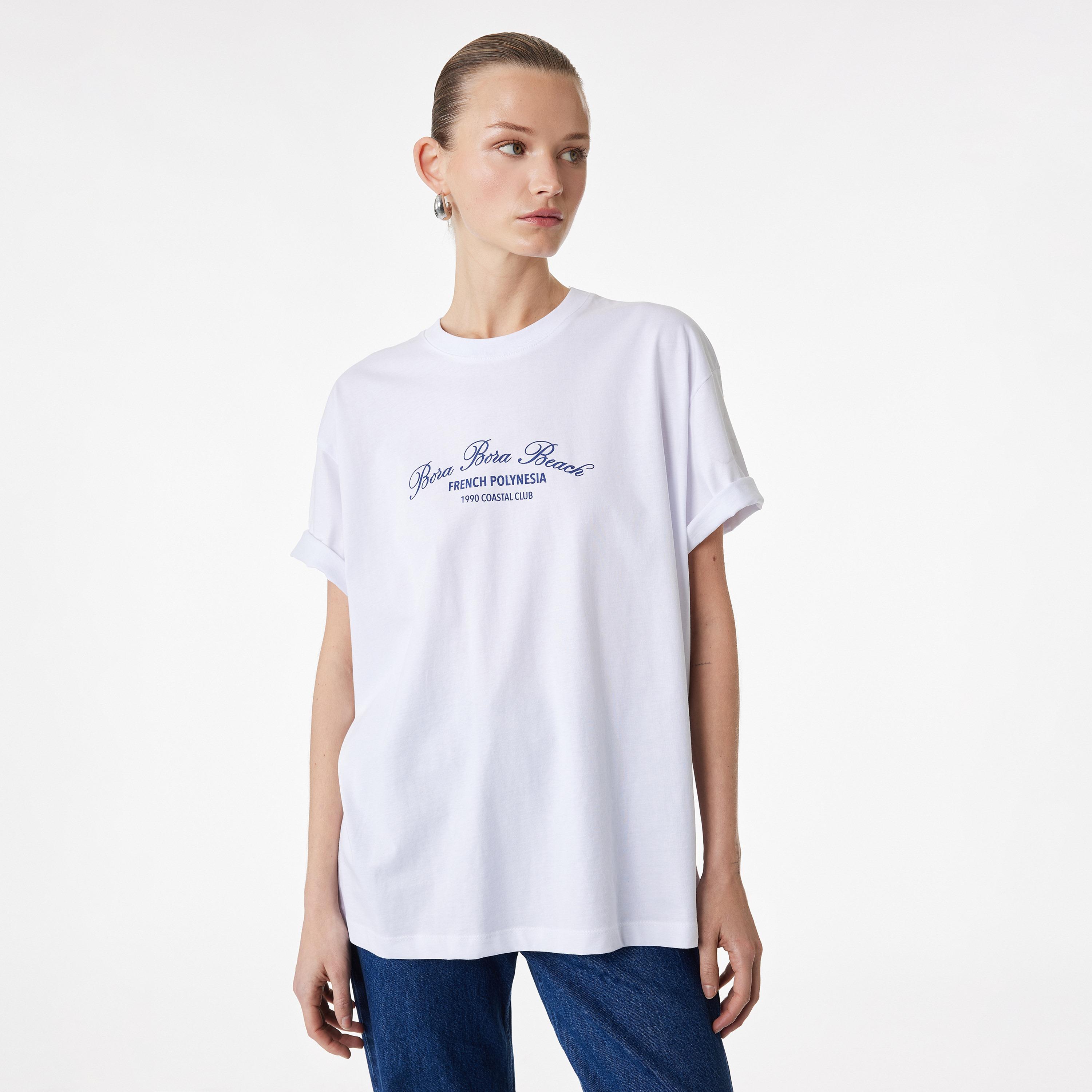 KOTON White Text-Print Cotton Drop Shoulder Sleeves Women's T-Shirt-women-clothing-tshirts-image-1