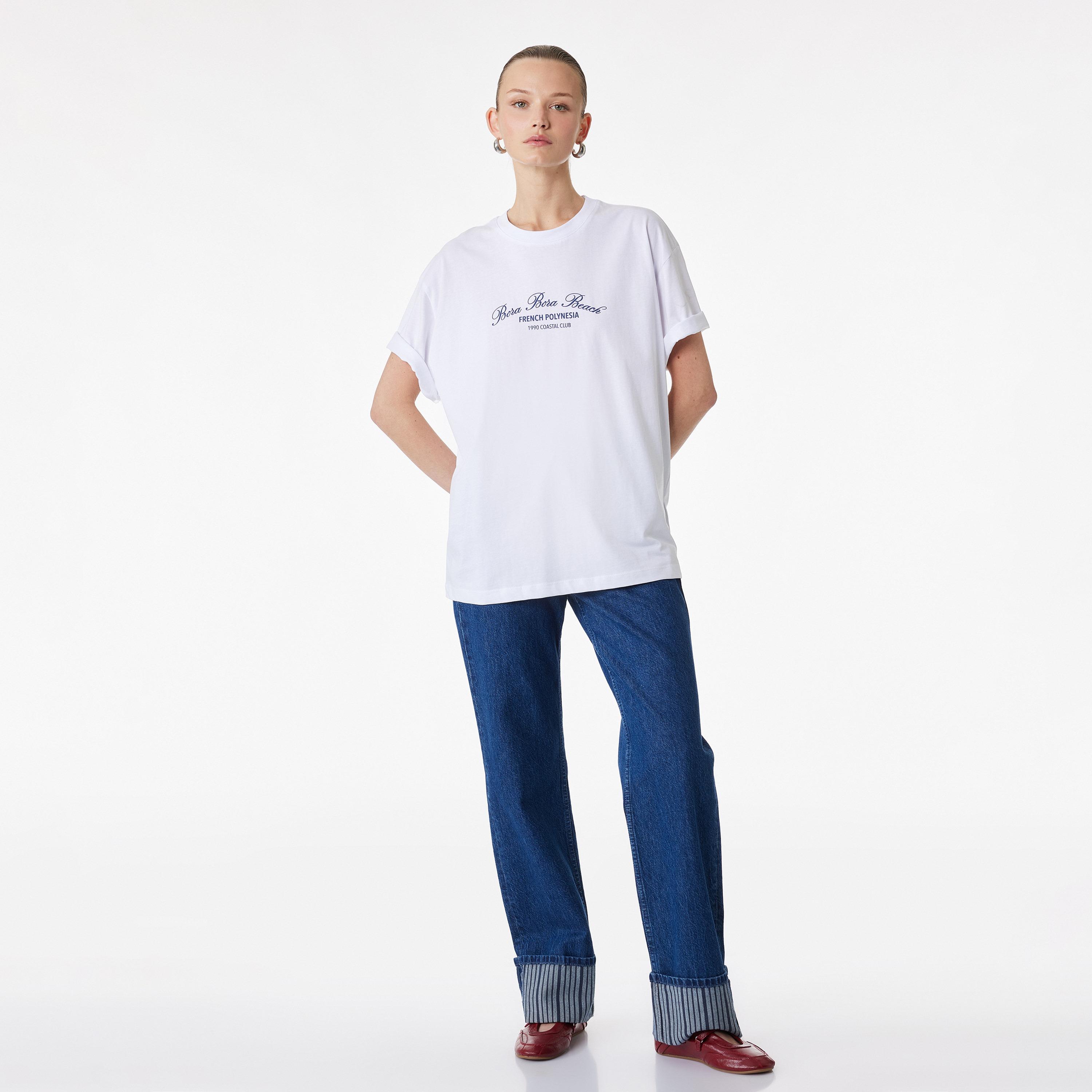 KOTON White Text-Print Cotton Drop Shoulder Sleeves Women's T-Shirt-women-clothing-tshirts-image-2