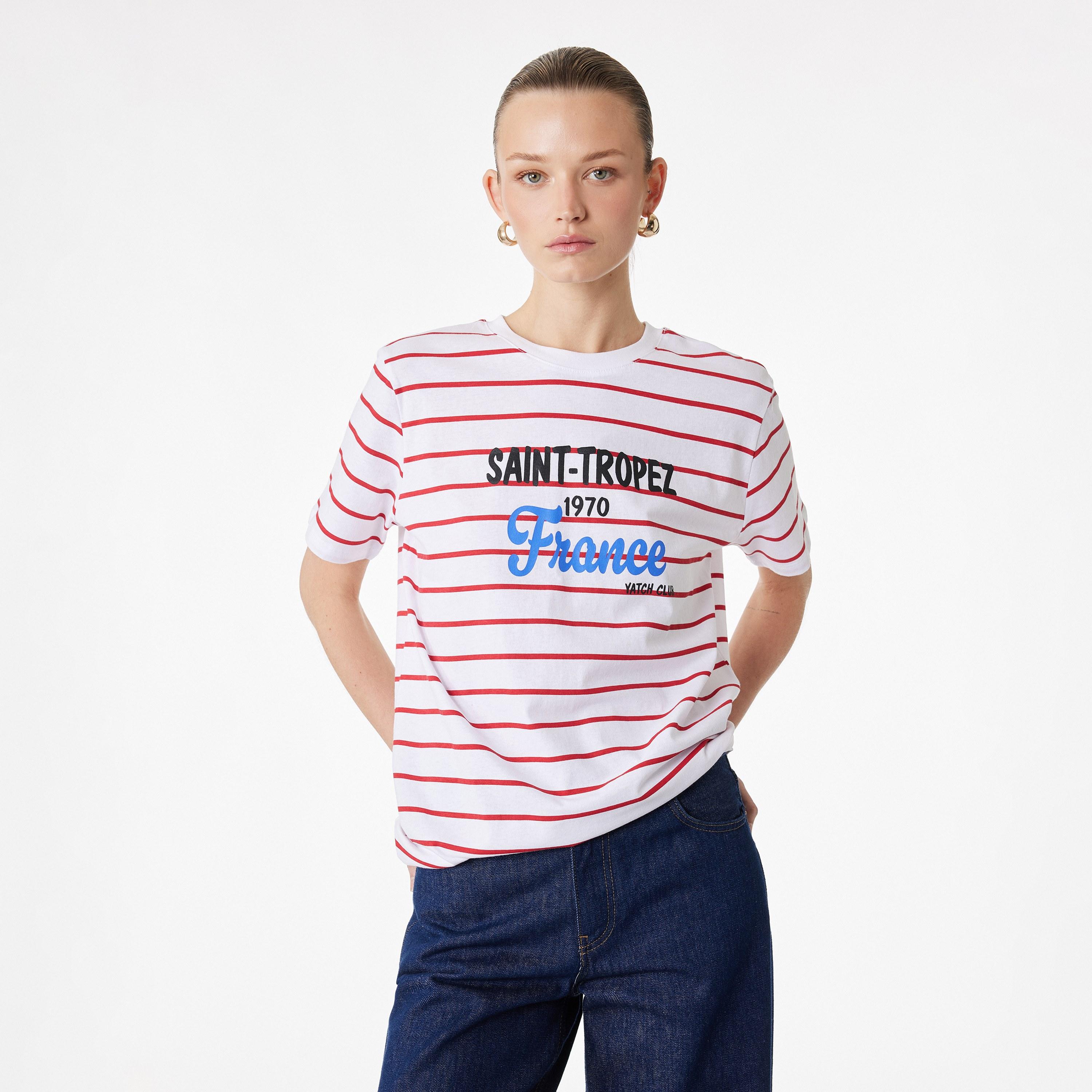 KOTON White Striped Cotton Women's T-Shirt-women-clothing-tshirts-image-1
