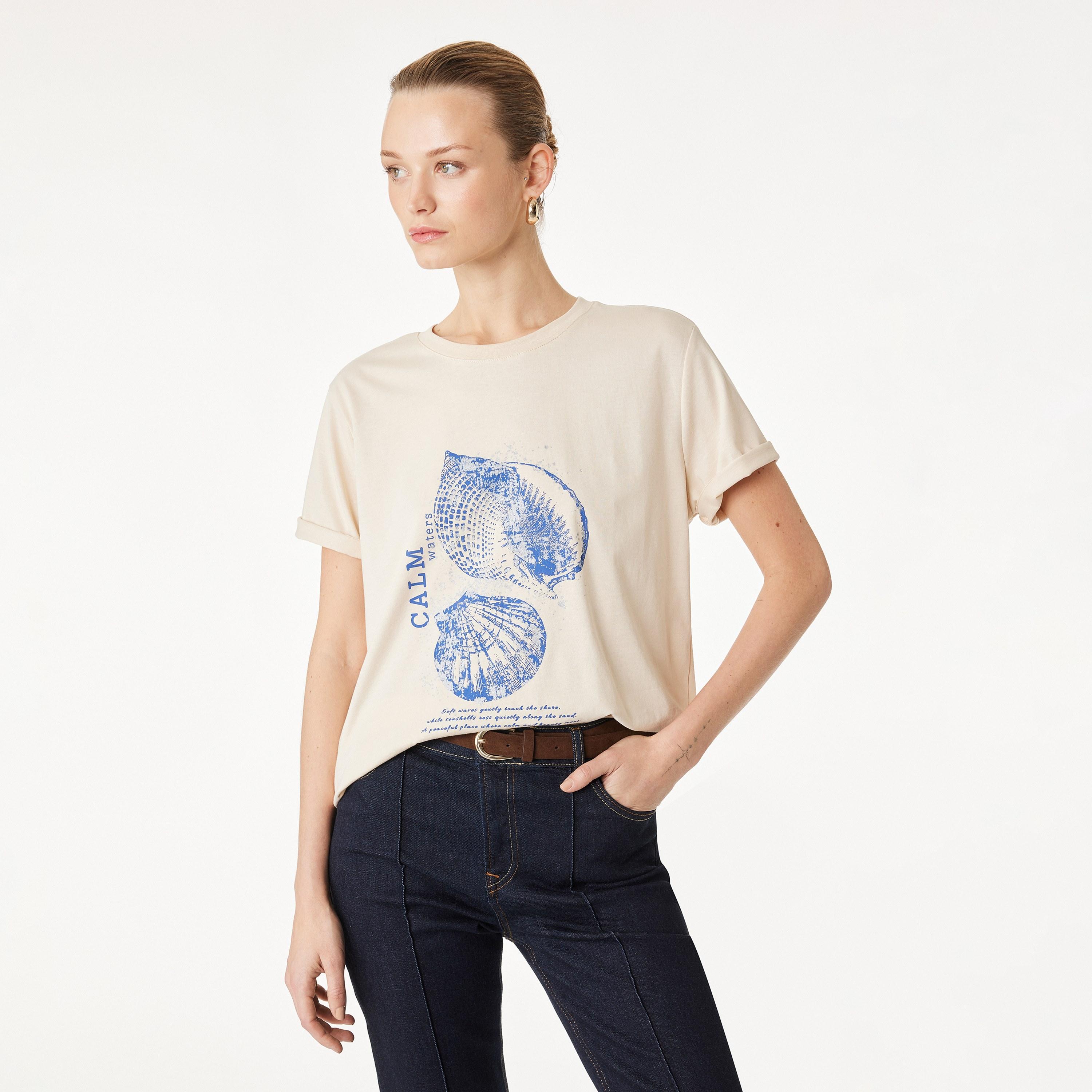 KOTON Beige Graphic Seashell Print Cotton Women's T-Shirt-women-clothing-tshirts-image-1