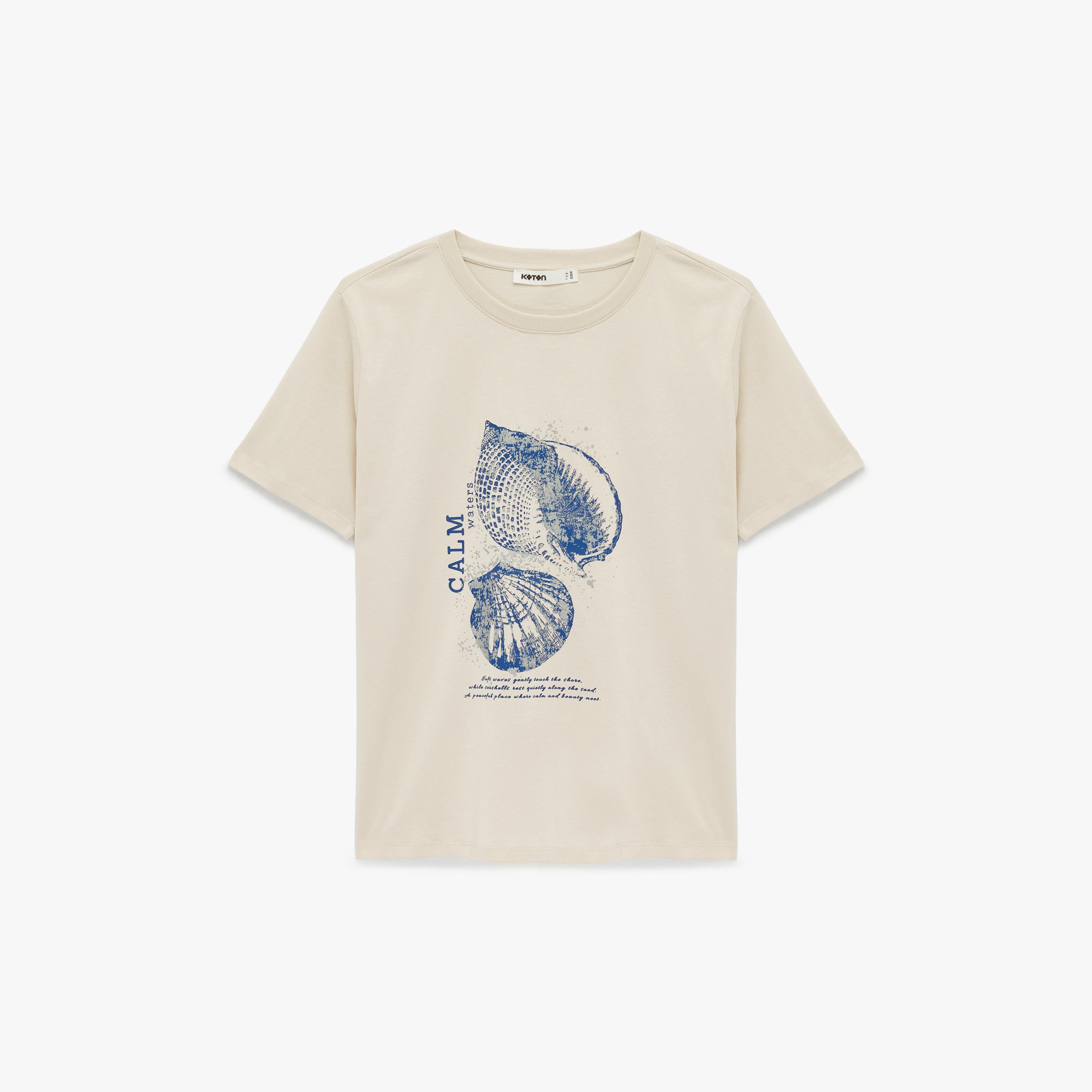 KOTON Beige Graphic Seashell Print Cotton Women's T-Shirt-women-clothing-tshirts-image-3