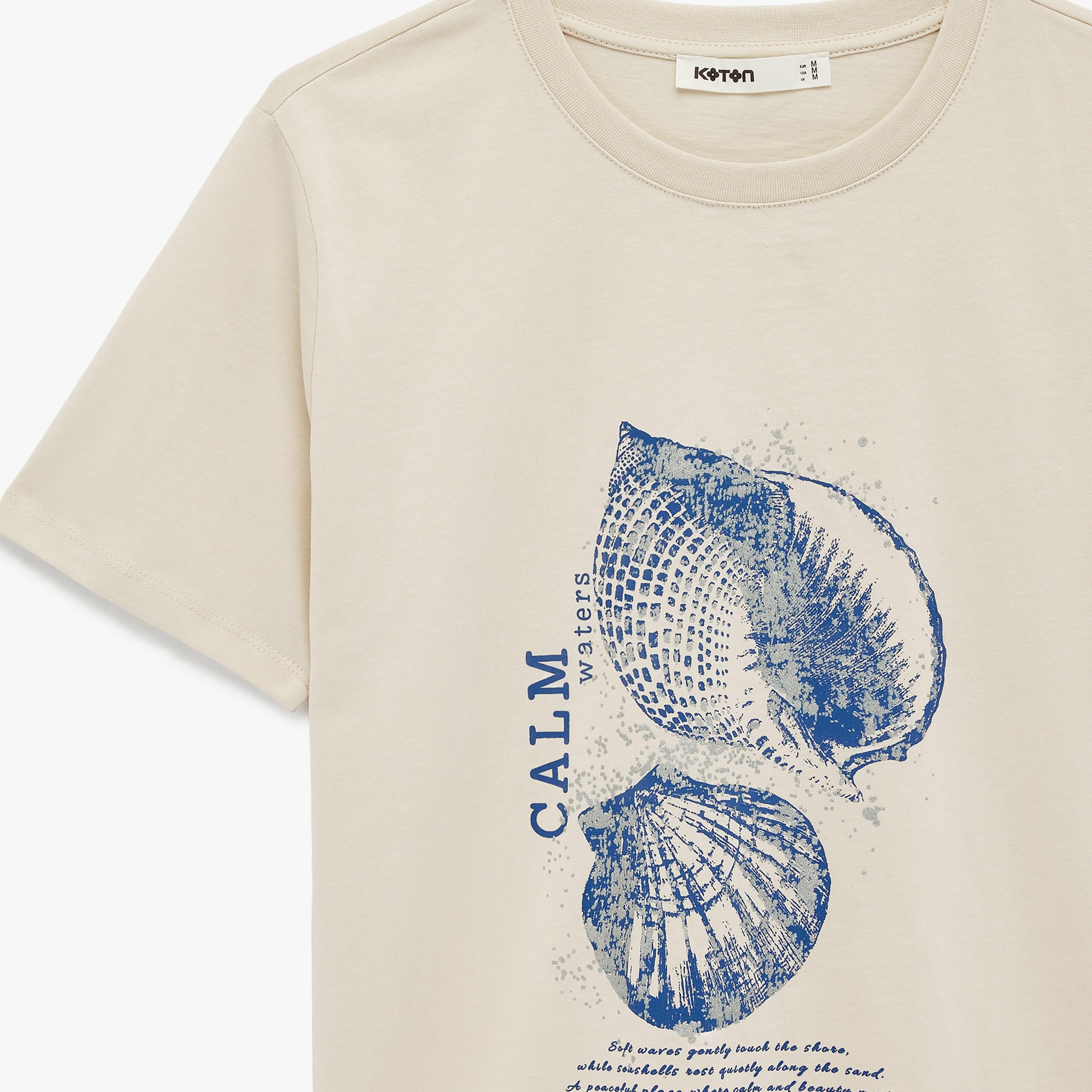 KOTON Beige Graphic Seashell Print Cotton Women's T-Shirt-women-clothing-tshirts-image-5