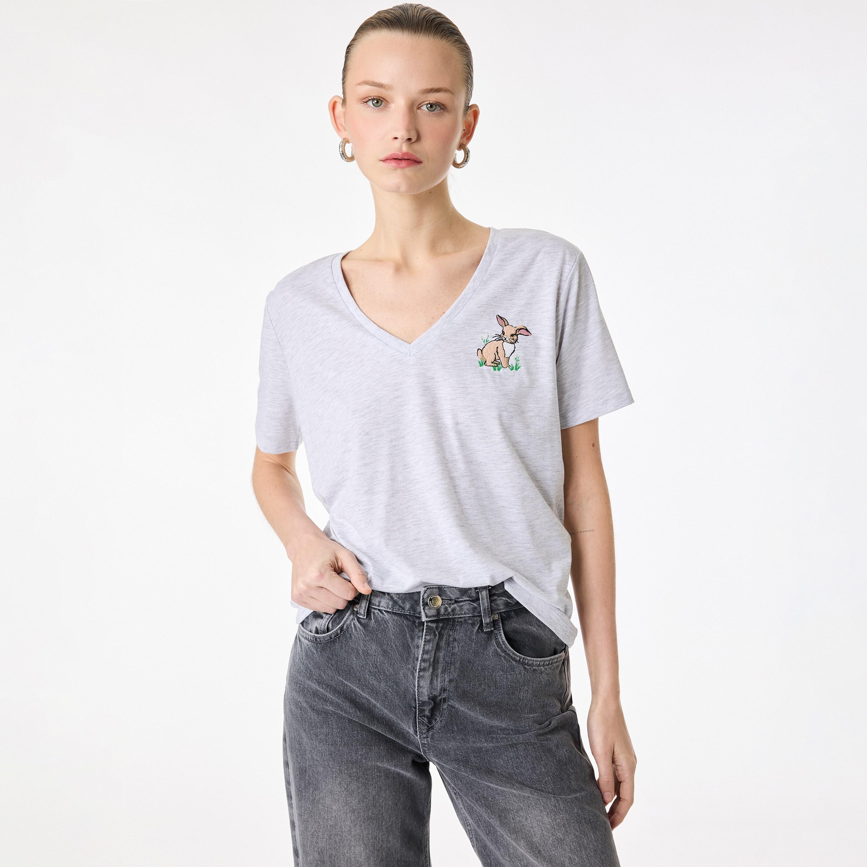 KOTON Grey Embroidered Rabbit Women's T-Shirt-women-clothing-tshirts-image-1