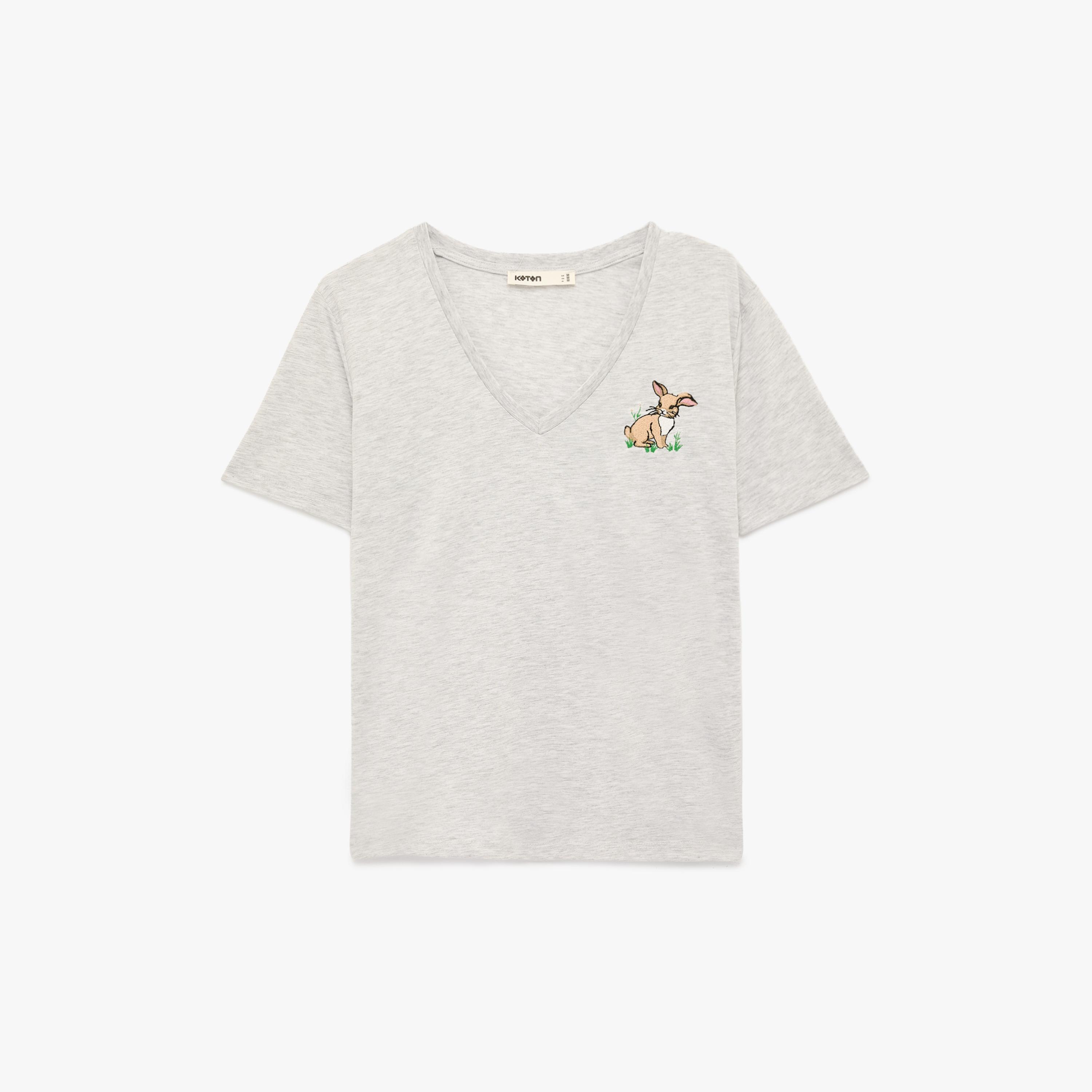 KOTON Grey Embroidered Rabbit Women's T-Shirt-women-clothing-tshirts-image-3