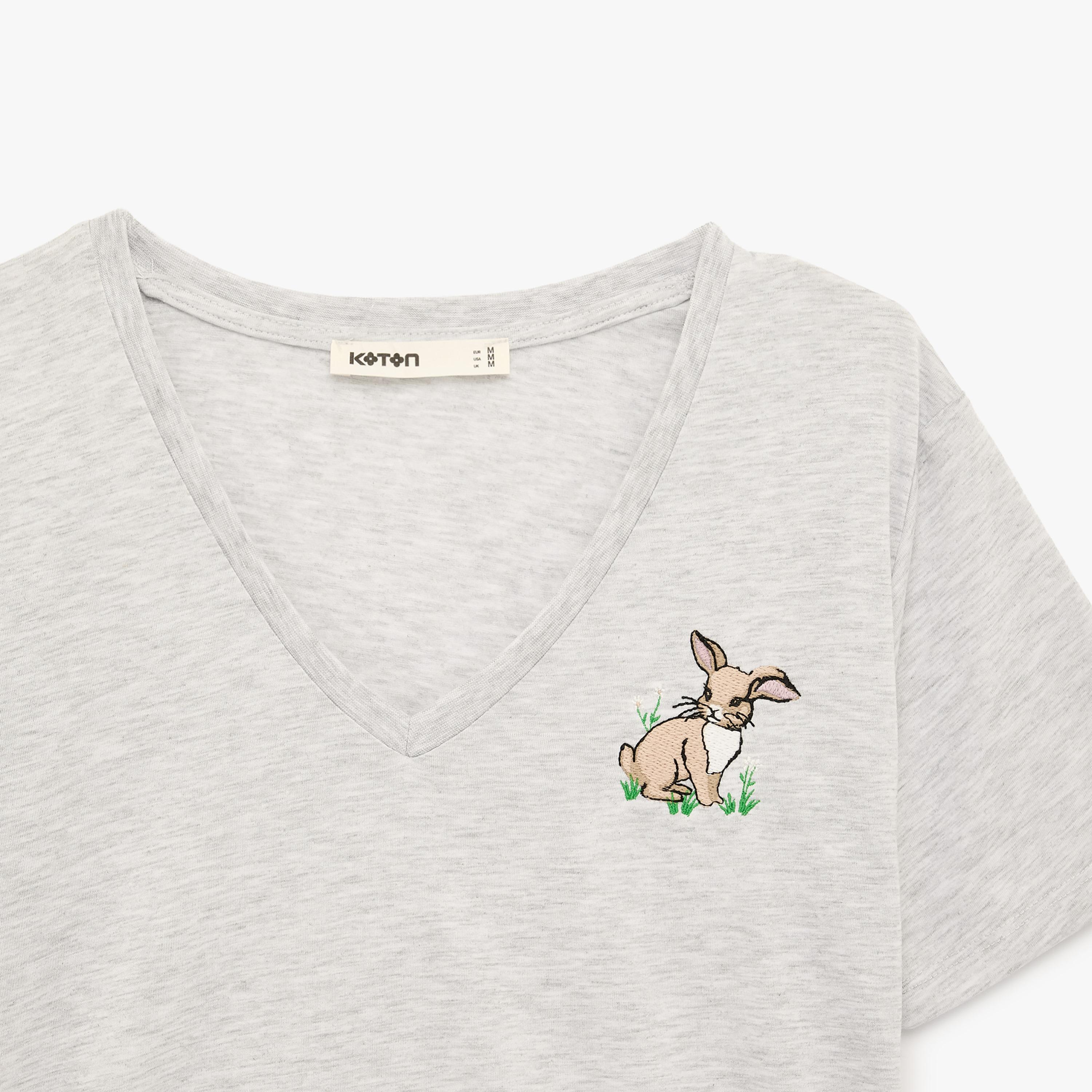 KOTON Grey Embroidered Rabbit Women's T-Shirt-women-clothing-tshirts-image-5