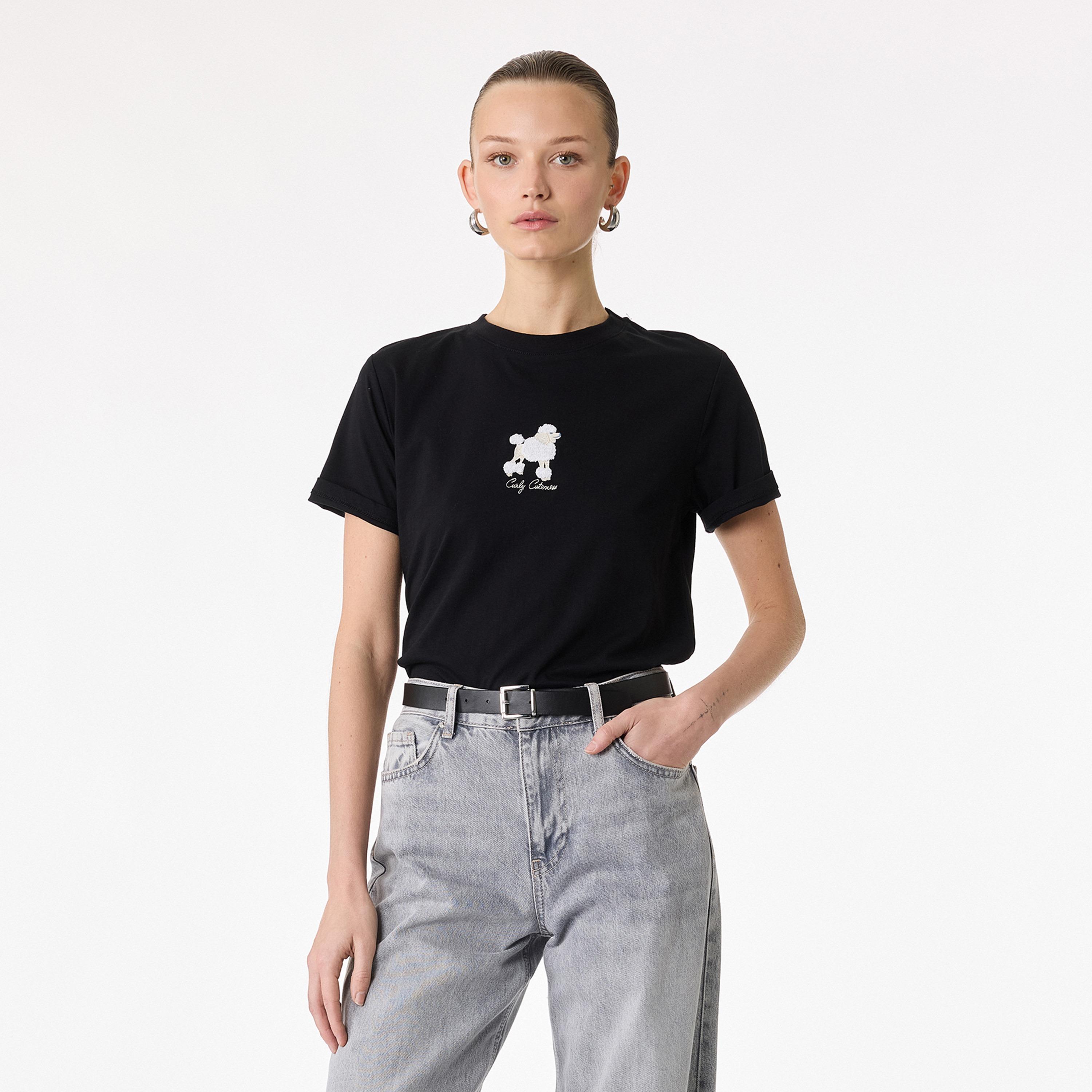 KOTON Black Embroidered Puppy Cotton Women's T-Shirt-women-clothing-tshirts-image-1