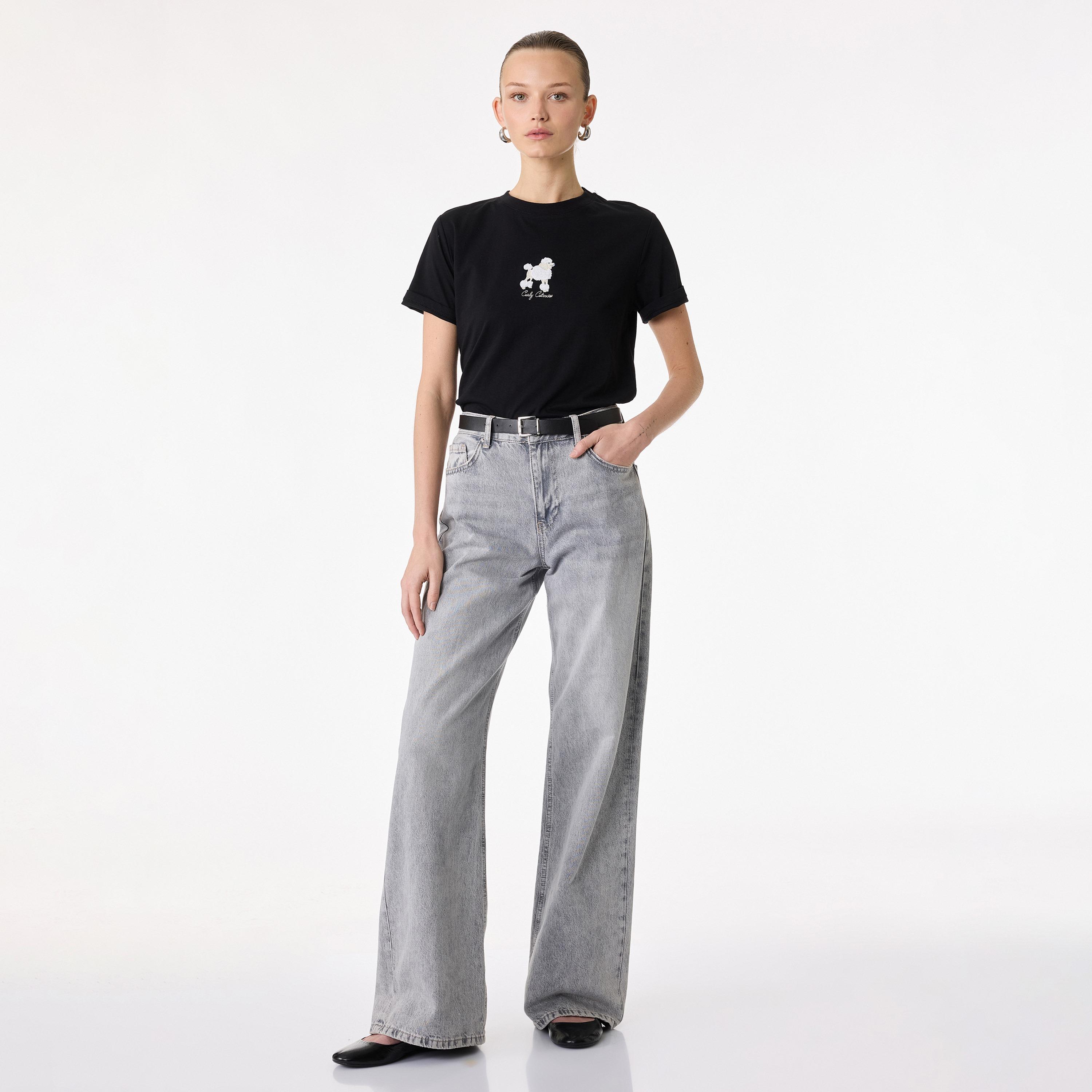 KOTON Black Embroidered Puppy Cotton Women's T-Shirt-women-clothing-tshirts-image-2