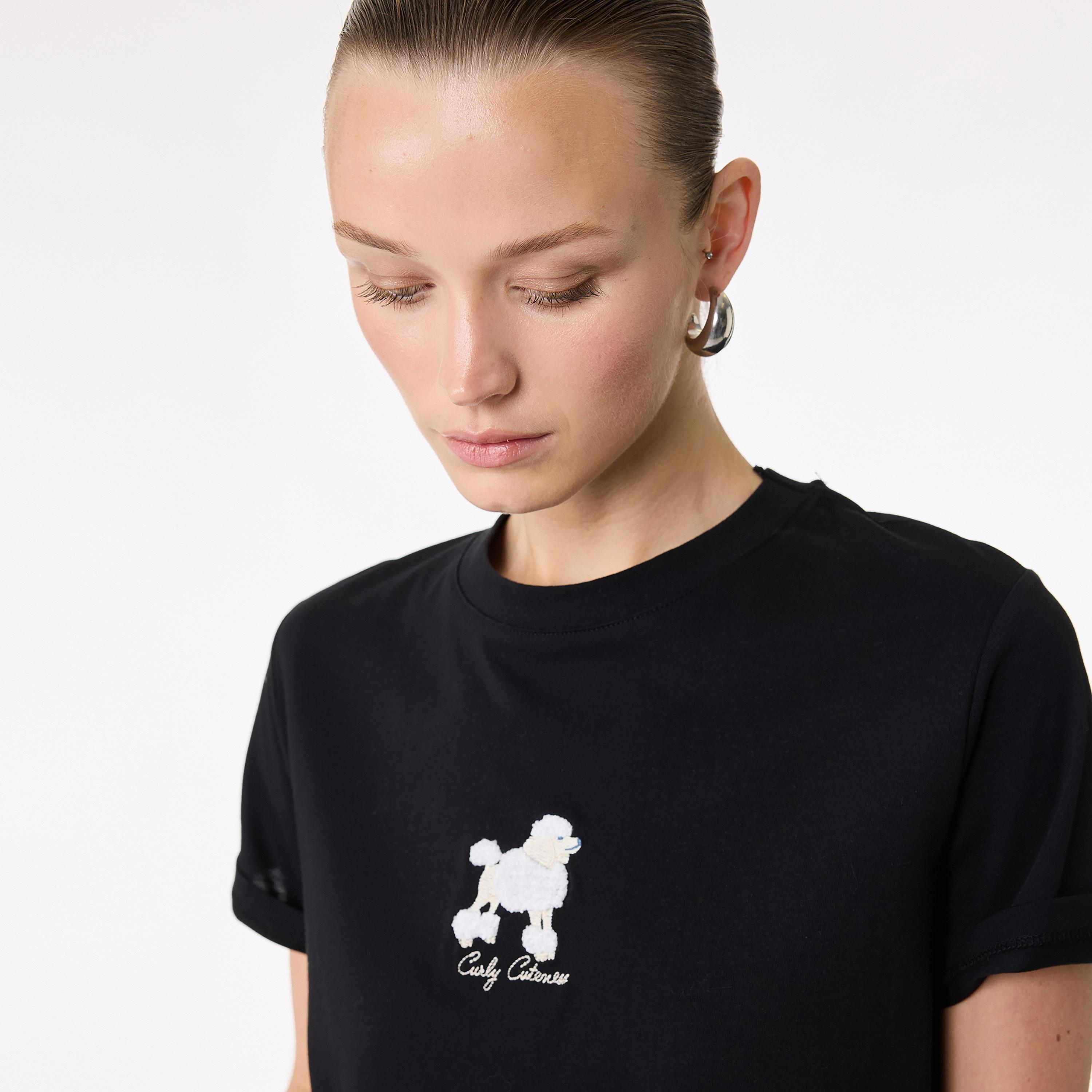 KOTON Black Embroidered Puppy Cotton Women's T-Shirt-women-clothing-tshirts-image-3