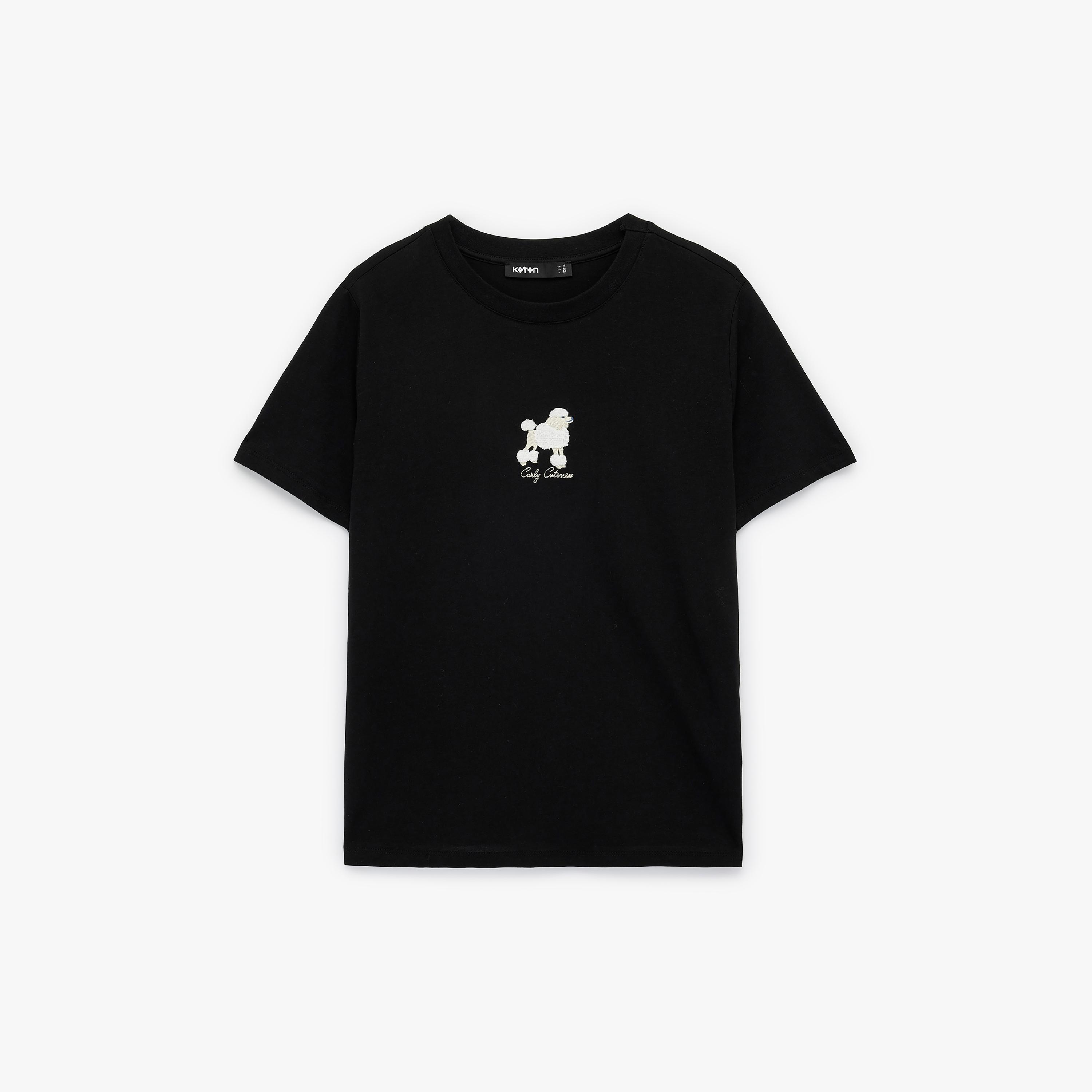 KOTON Black Embroidered Puppy Cotton Women's T-Shirt-women-clothing-tshirts-image-4
