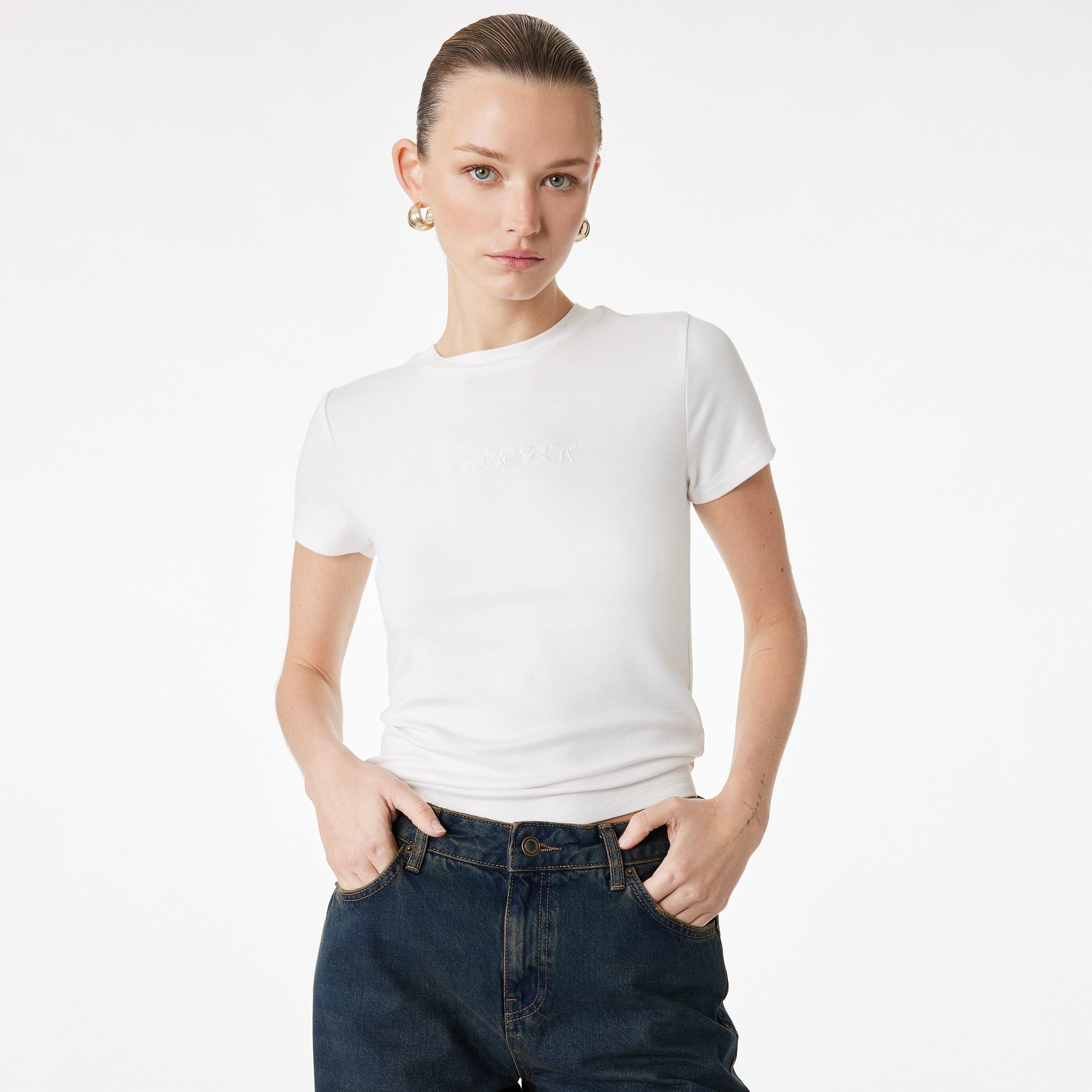 KOTON White Embroidered Bow Women's T-Shirt-women-clothing-tshirts-image-1