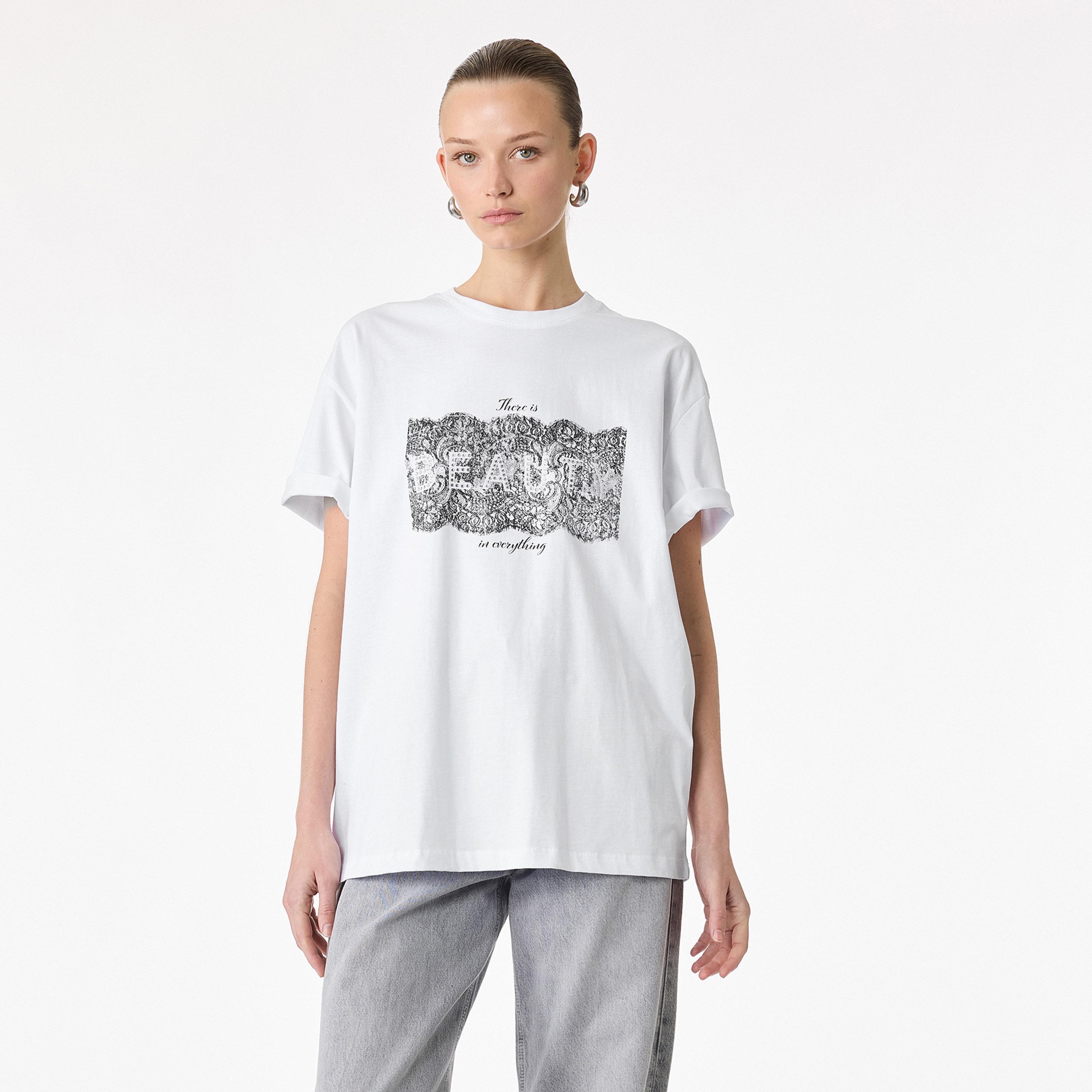 KOTON White Lace Motifs Print Cotton Women's T-Shirt-women-clothing-tshirts-image-1