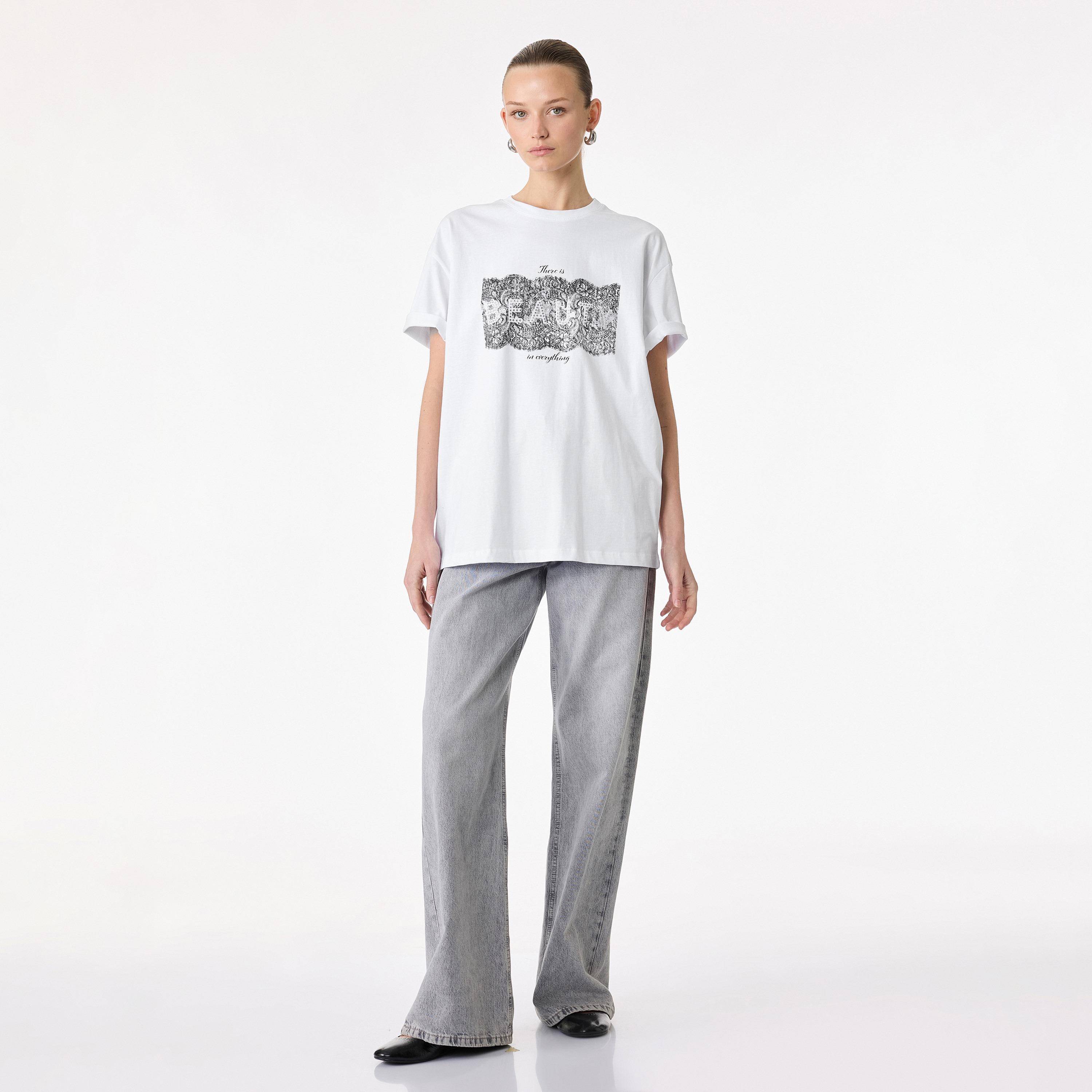 KOTON White Lace Motifs Print Cotton Women's T-Shirt-women-clothing-tshirts-image-2