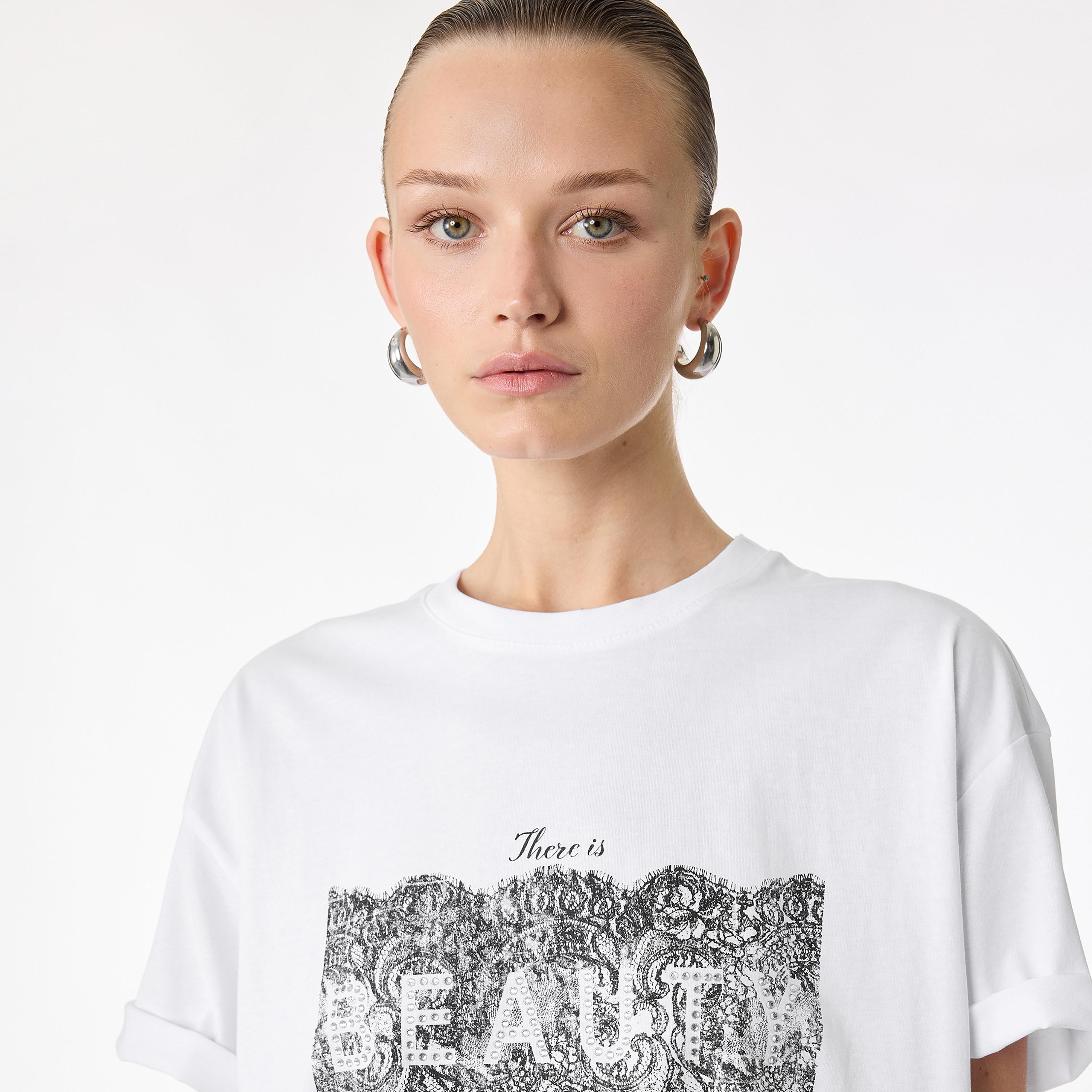 KOTON White Lace Motifs Print Cotton Women's T-Shirt-women-clothing-tshirts-image-3