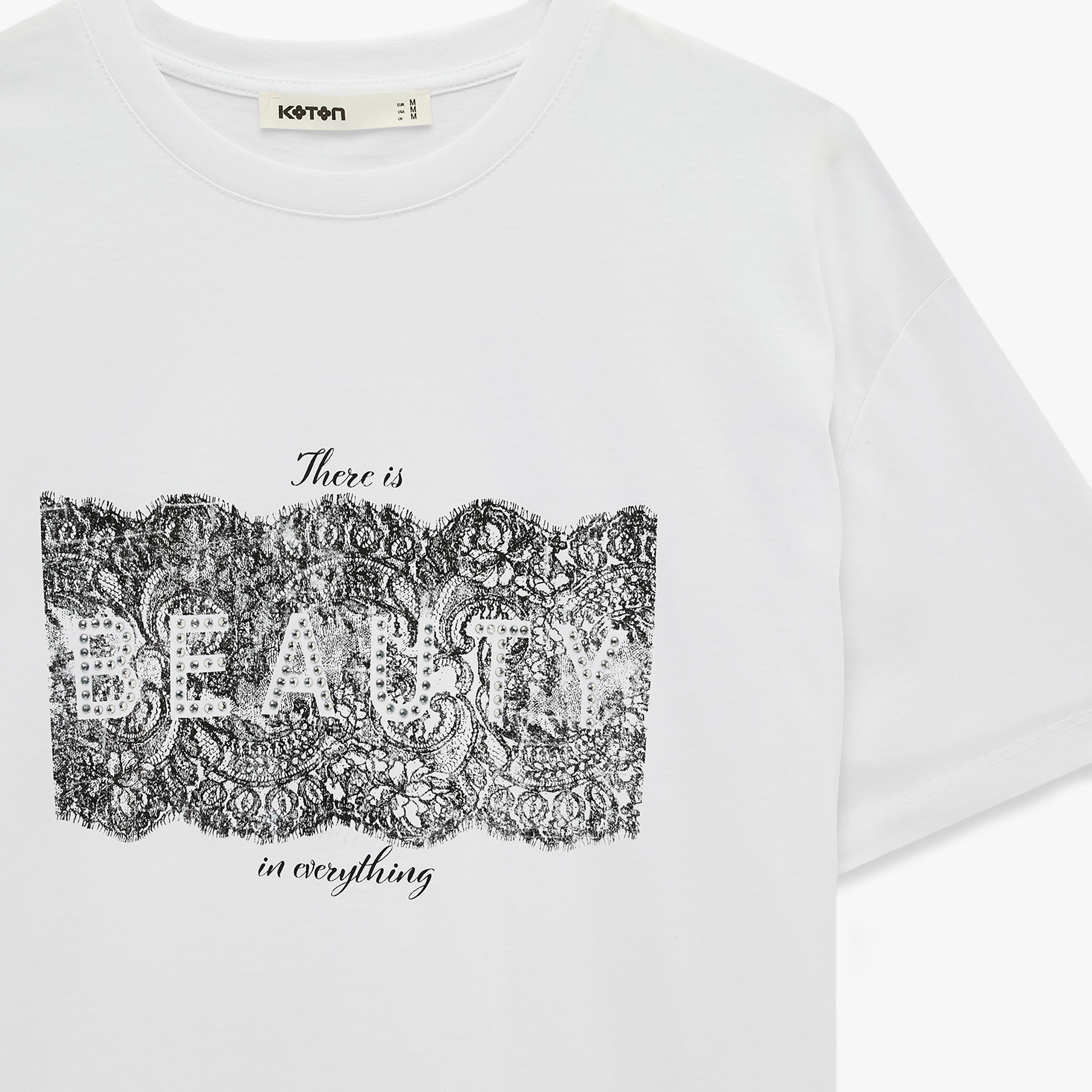 KOTON White Lace Motifs Print Cotton Women's T-Shirt-women-clothing-tshirts-image-6